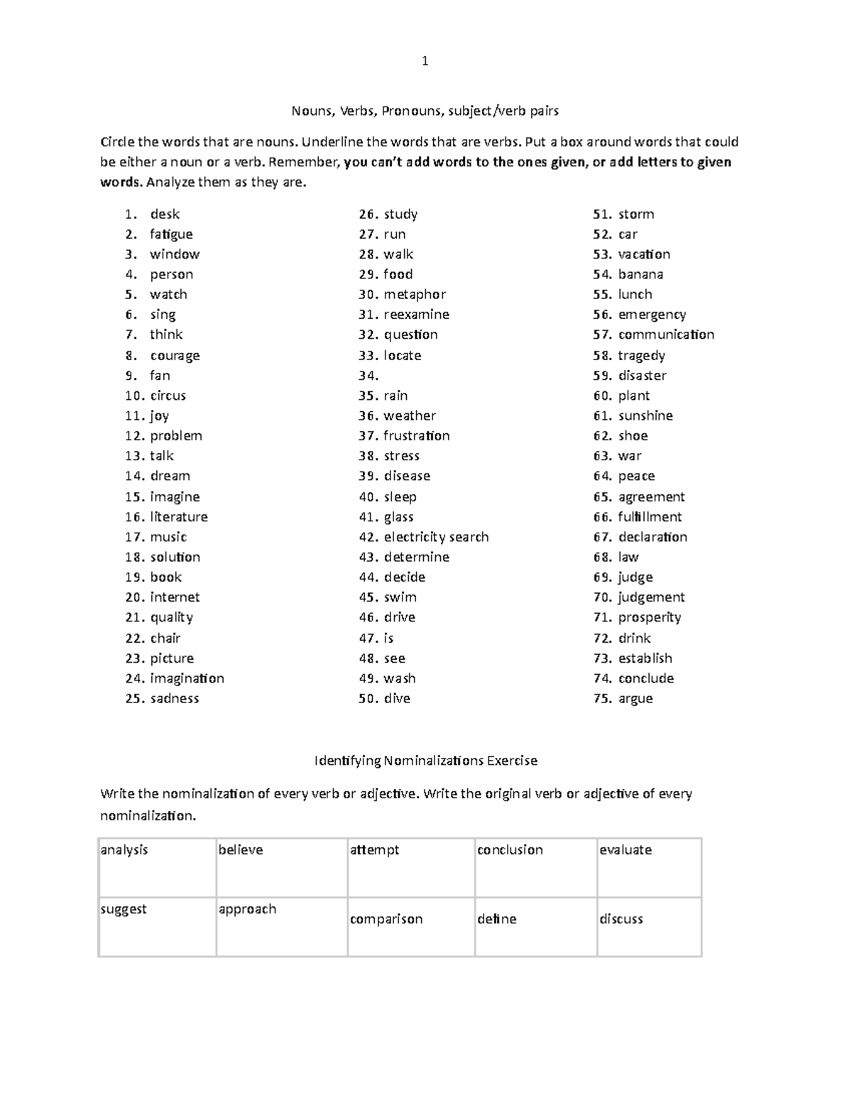 Nouns verbs subject verb pairs exercise - English2 - UCalgary - Studocu