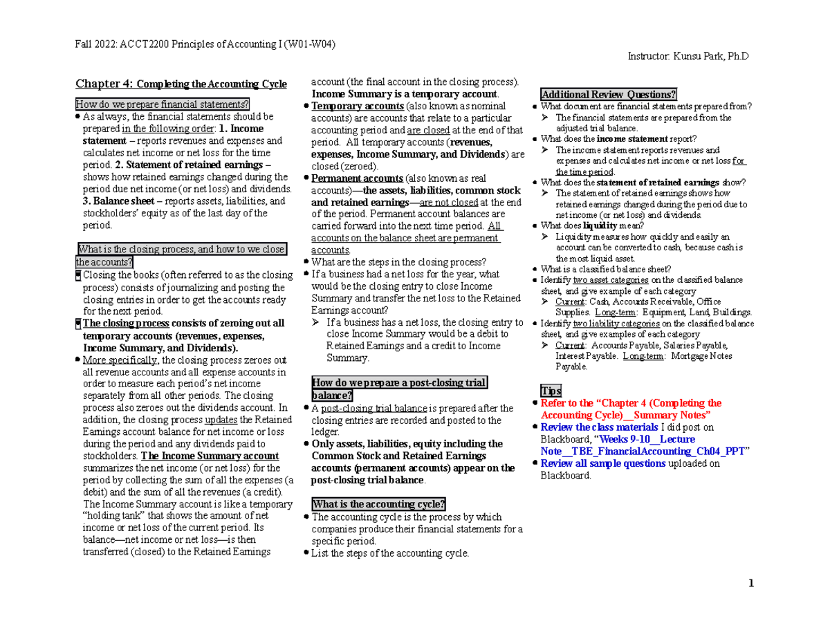 Chapter 4 (Completing The Accounting Cycle) Short Summary - Fall 2022 ...