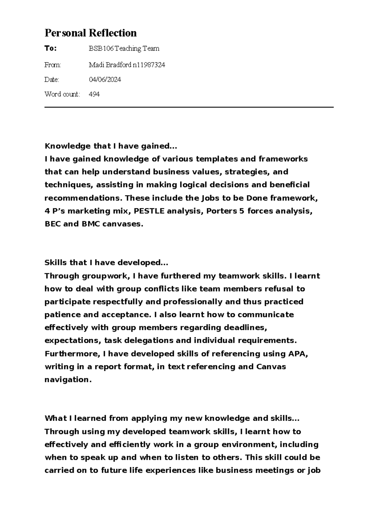 BSB106 - personal reflection - Personal Reflection To: BSB106 Teaching ...