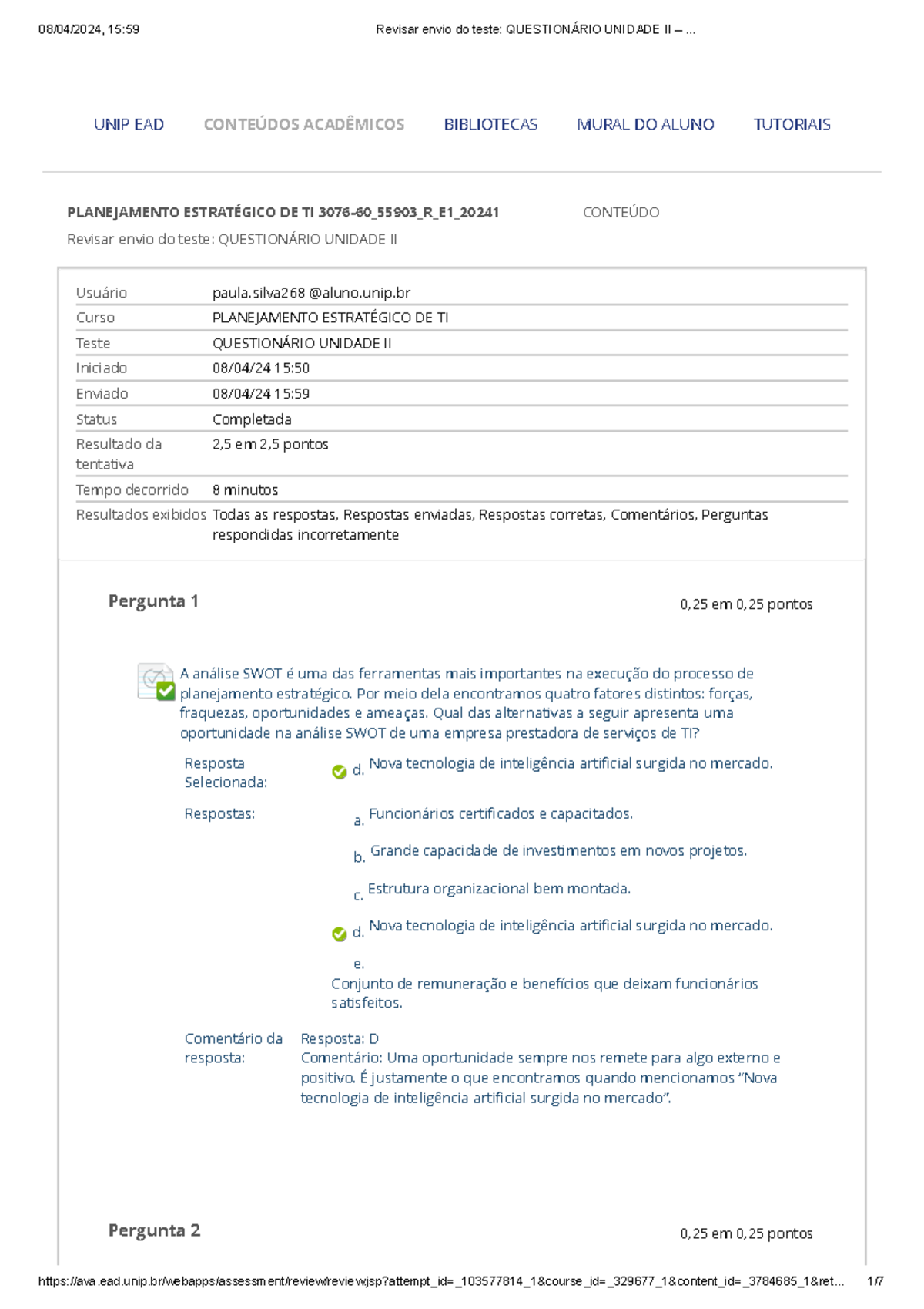 Planejamento Estratégico Questionário Unidade II - Revisar envio do ...