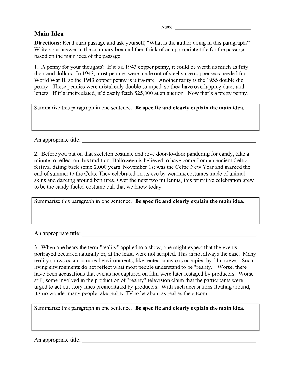 Getting The Main Idea Exercises With Answers Pdf Grade 4