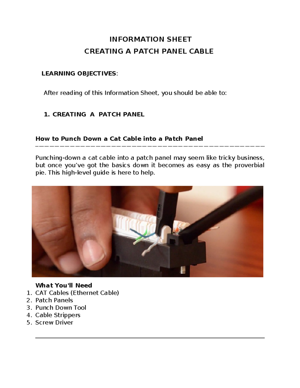 Patch Panel CSS - INFORMATION SHEET CREATING A PATCH PANEL CABLE ...