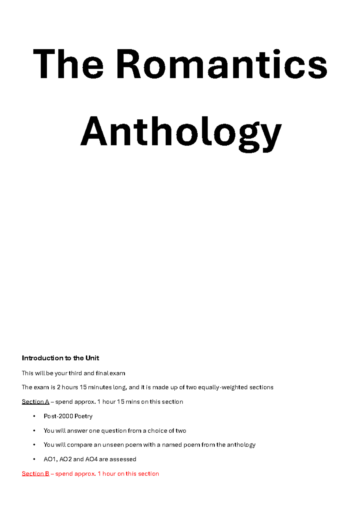 Romantics Anthology - The Romantics Anthology Introduction to the Unit ...