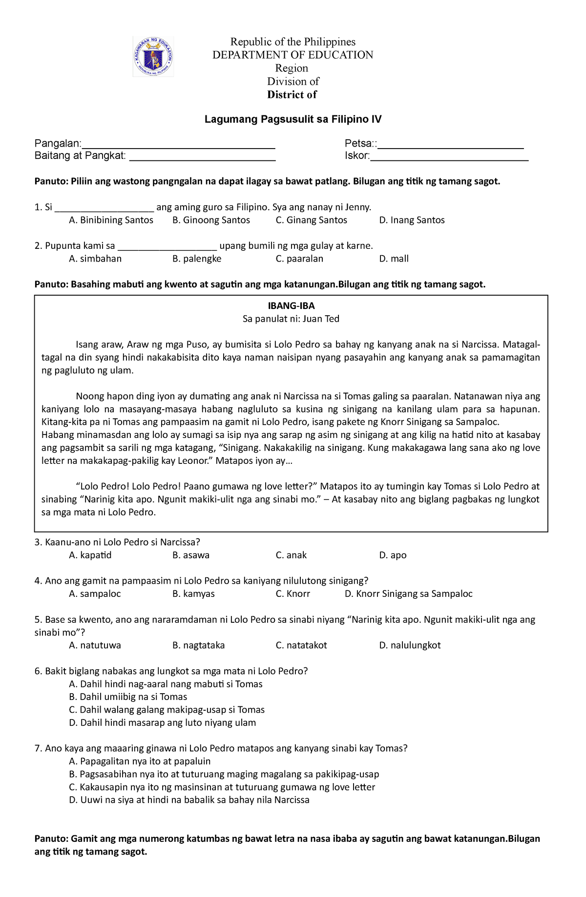 Pt Filipino 4 Q4 Periodic Test Republic Of The Philippines Department Of Education Region 7886