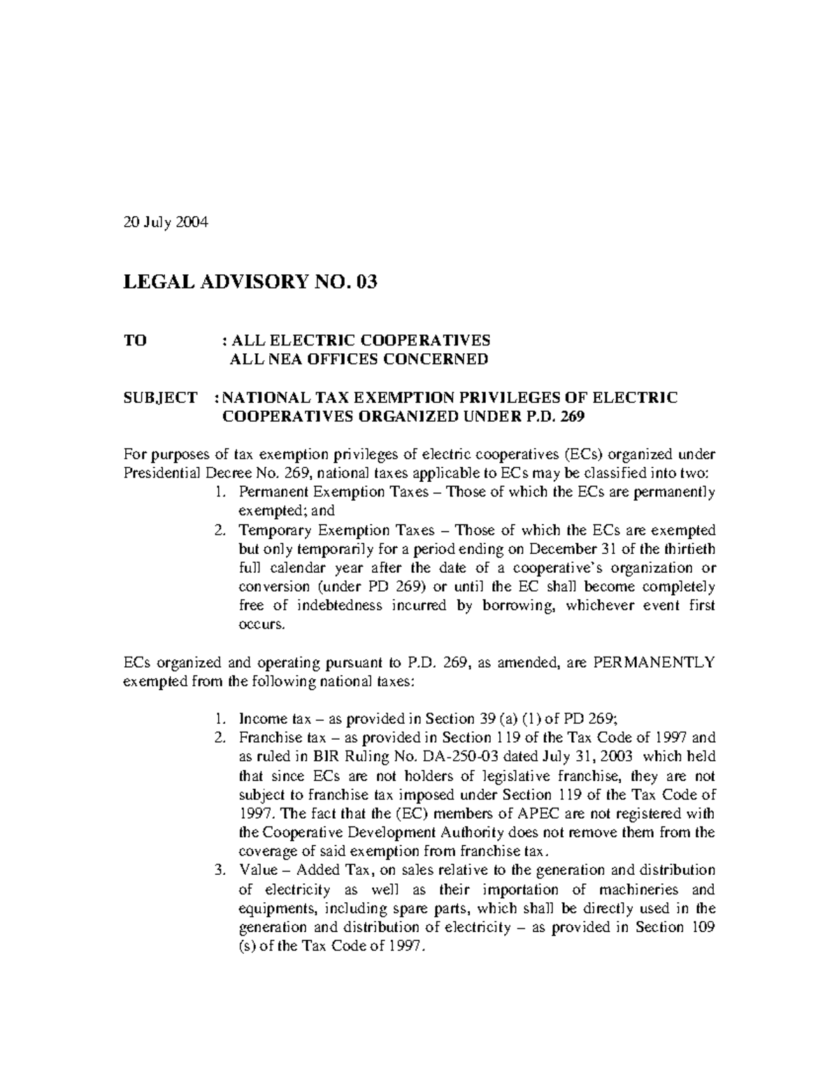 Legal ad03 - 20 July 2004 LEGAL ADVISORY NO. 03 TO : ALL ELECTRIC ...