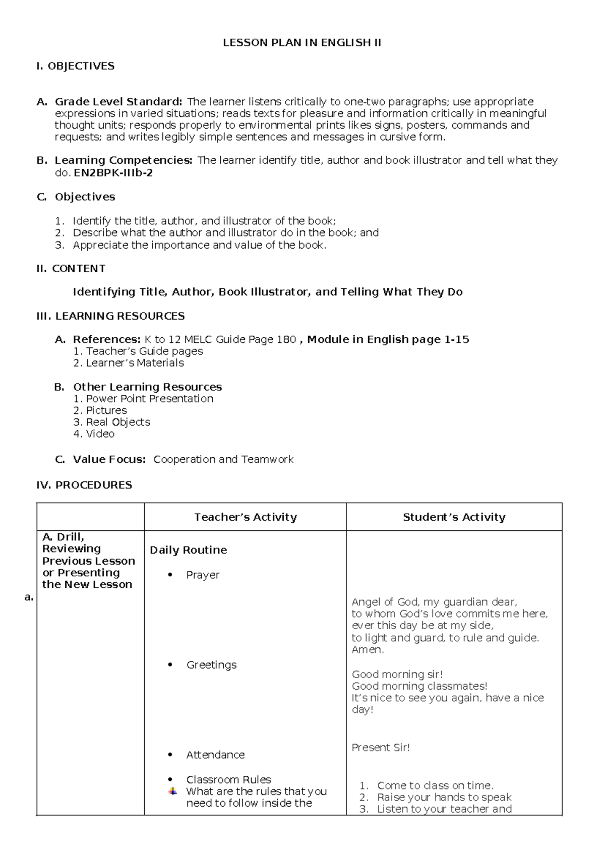 Lesson PLAN IN ENG Il Q2 W5 (Day 1) - LESSON PLAN IN ENGLISH II I ...