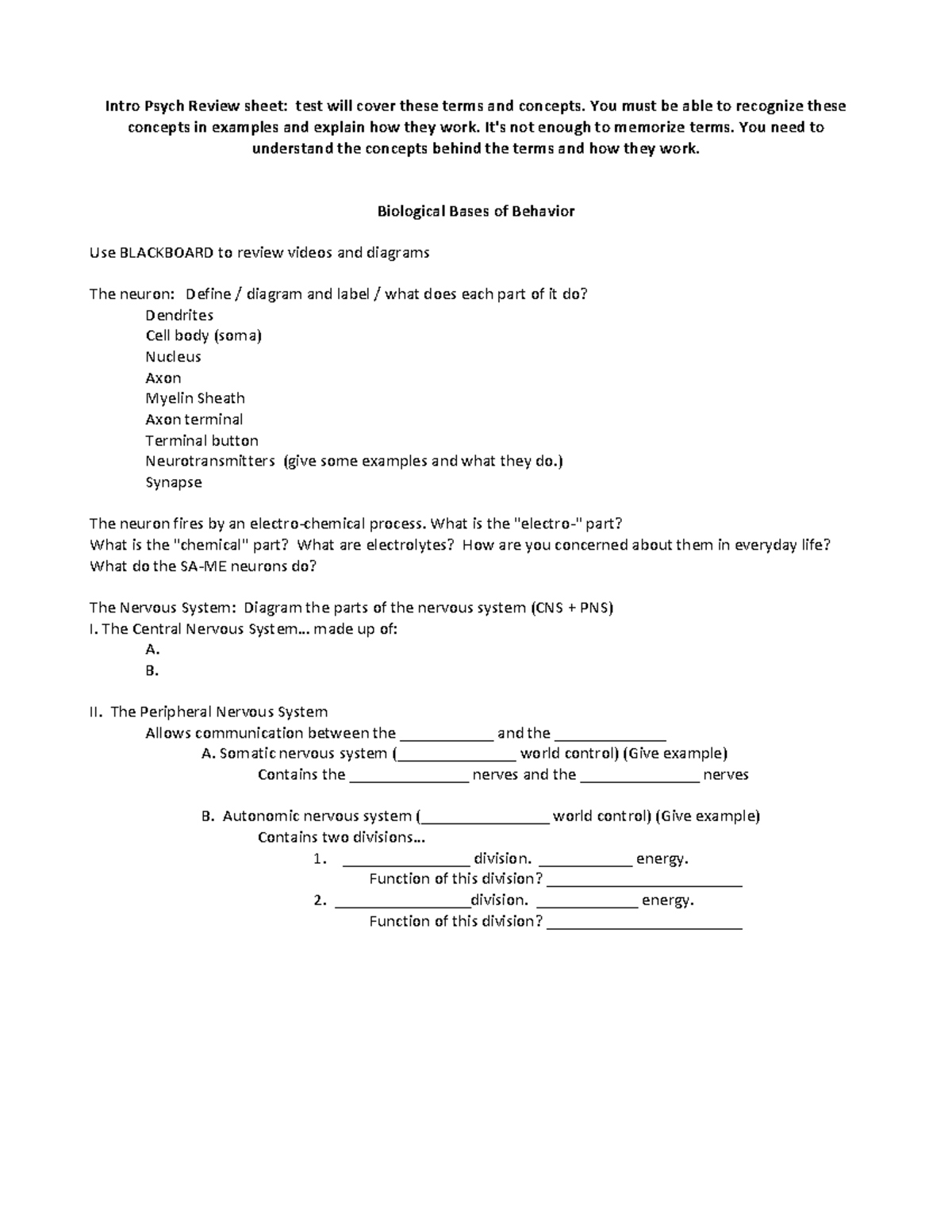 Review Sheet for Chapter 2 - Intro Psych Review sheet: test will cover ...