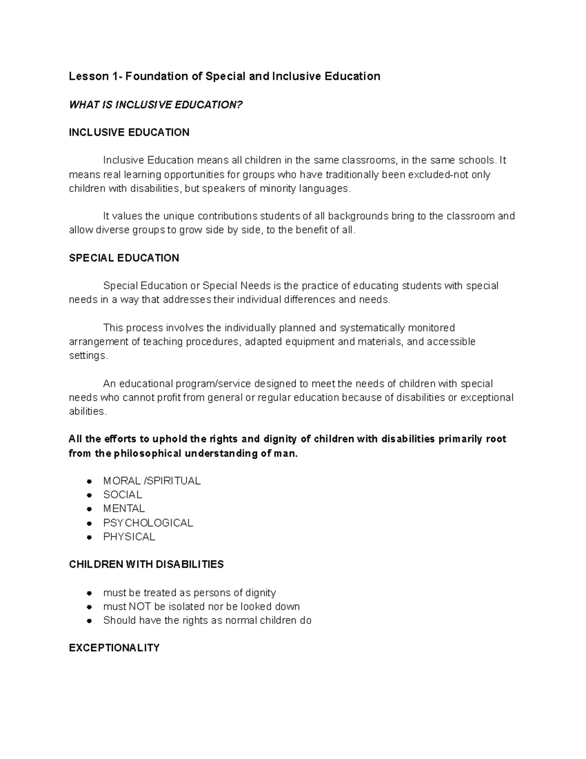 Lesson 1 Foundation of Special and Inclusive Education - Lesson 1 ...