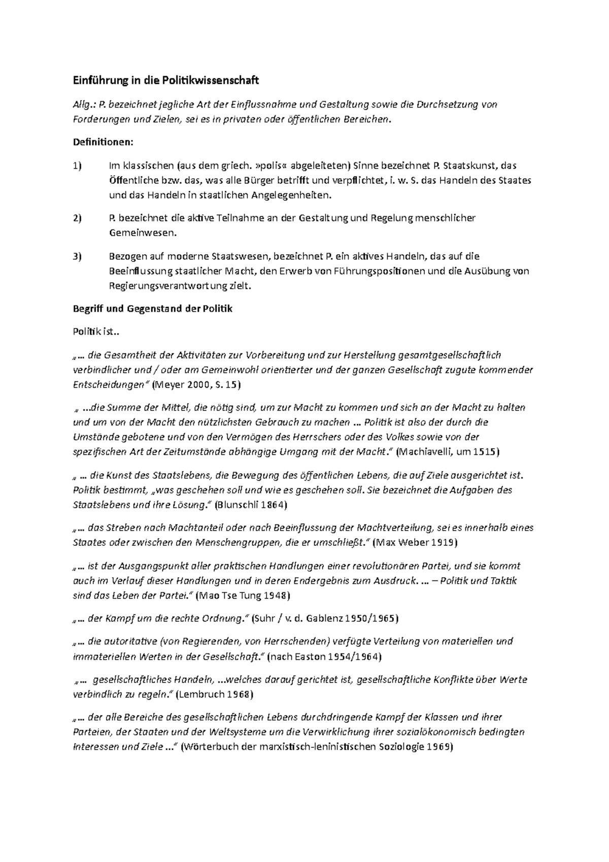 Einführung in die Politikwissenschaft Zusammenfassung - in die P