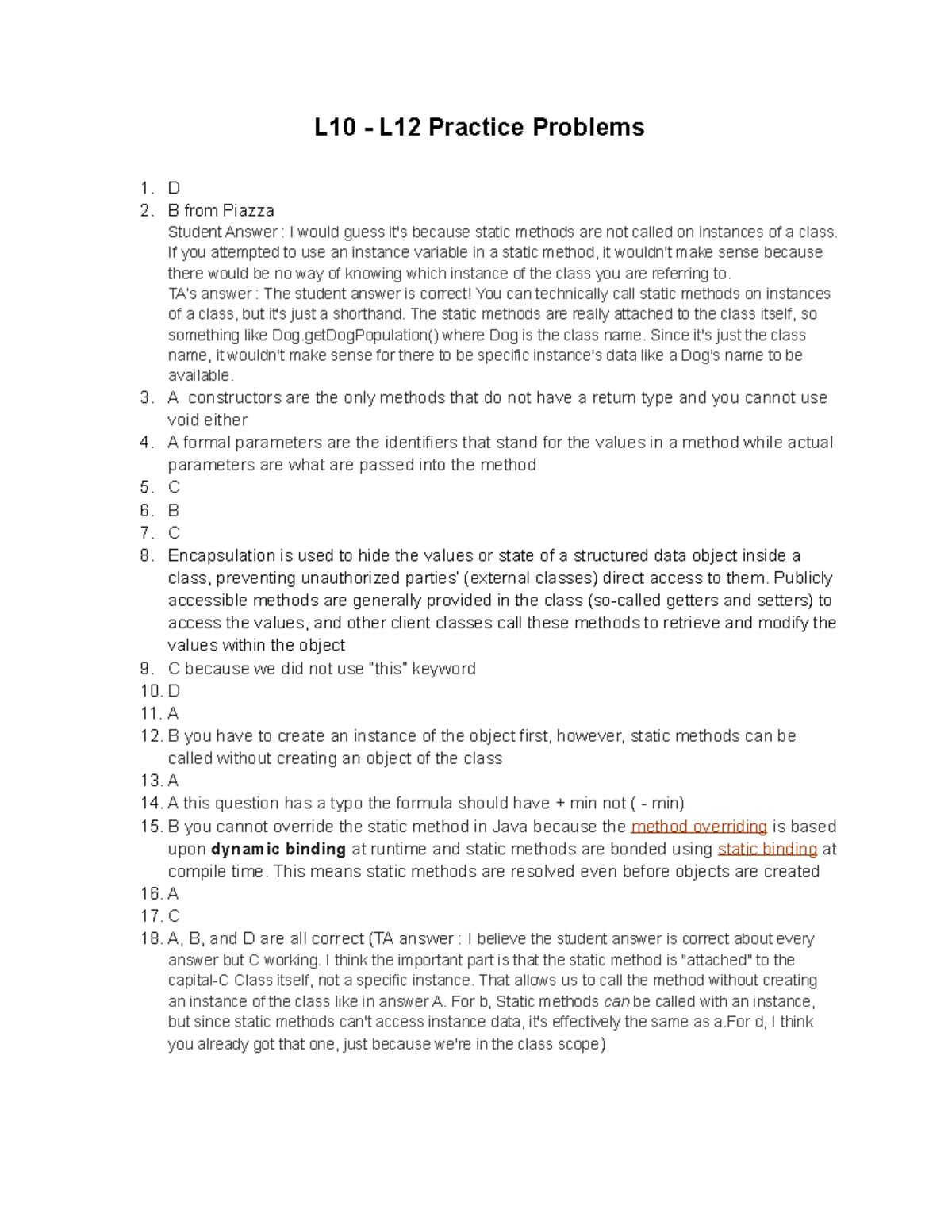 CS 1331 Exam 2 Study Guide - L10 - L12 Practice Problems 1. D B From ...