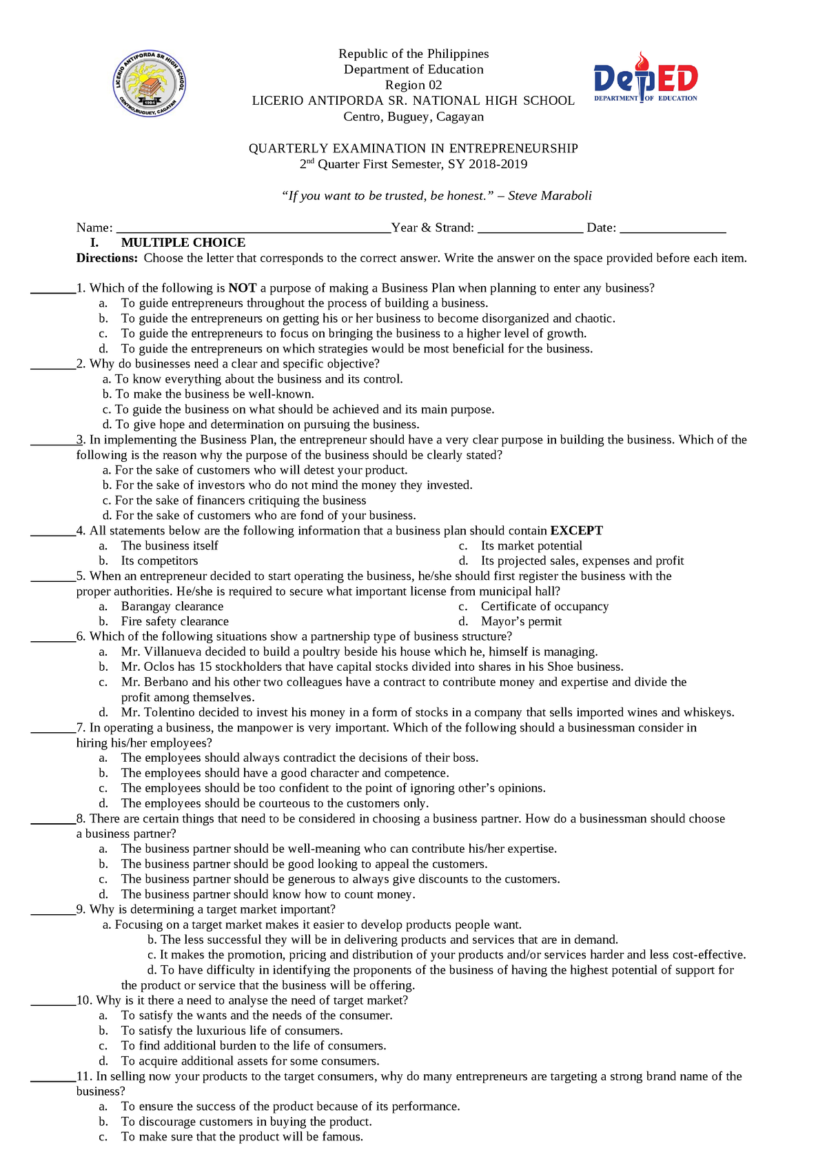 Docsity.vpdfs.com second-quarter-exam-in-entrep - Republic of the ...