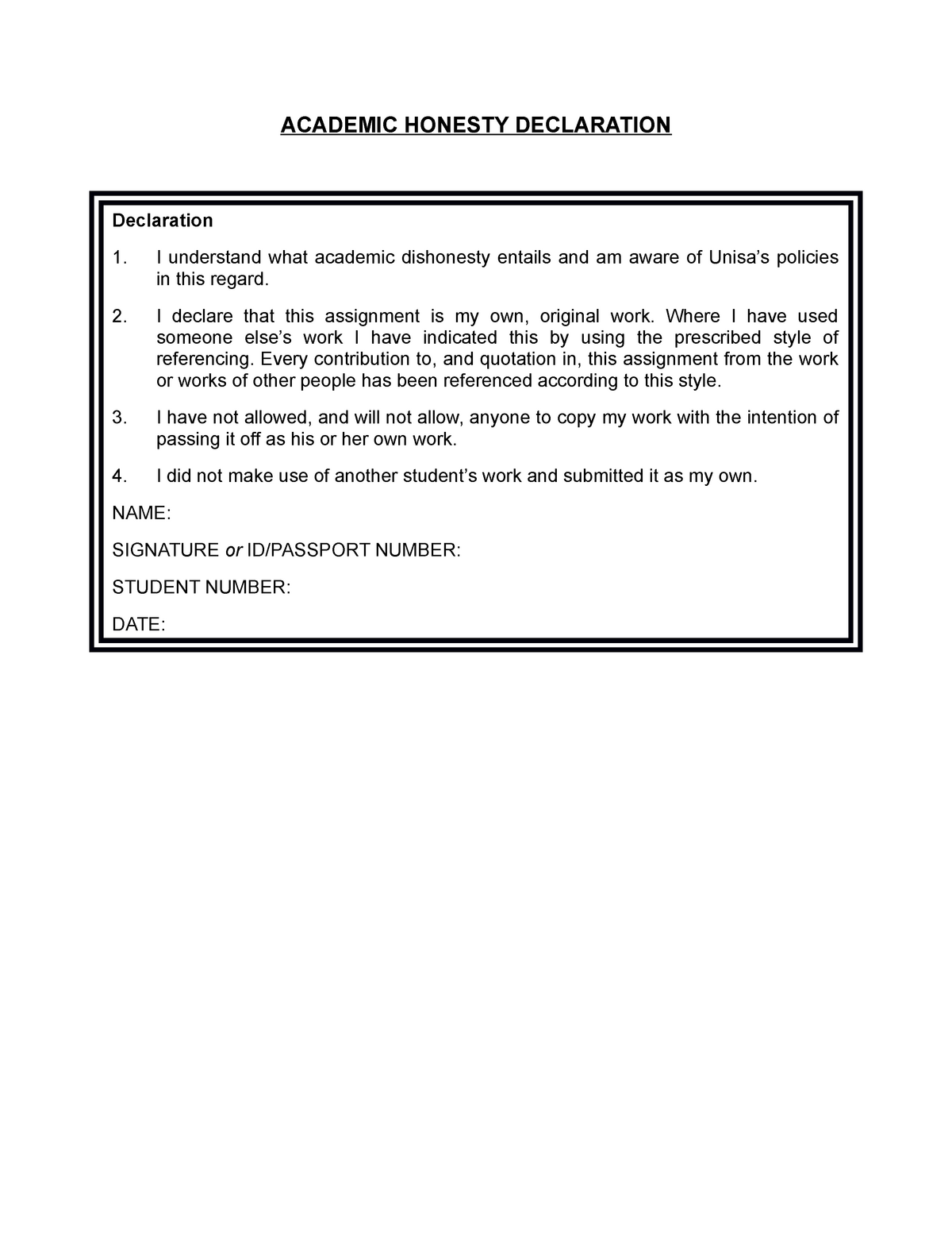 unisa assignment declaration form