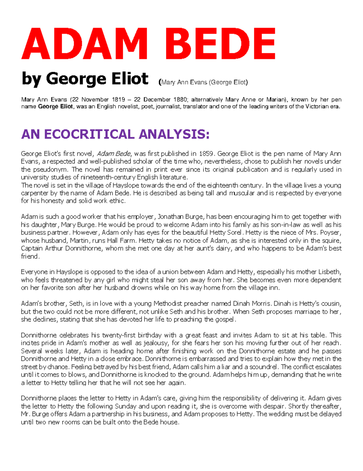 ADAM BEDE Ecocritical Analysis ADAM BEDE by Eliot (Mary Ann Evans Eliot) Mary