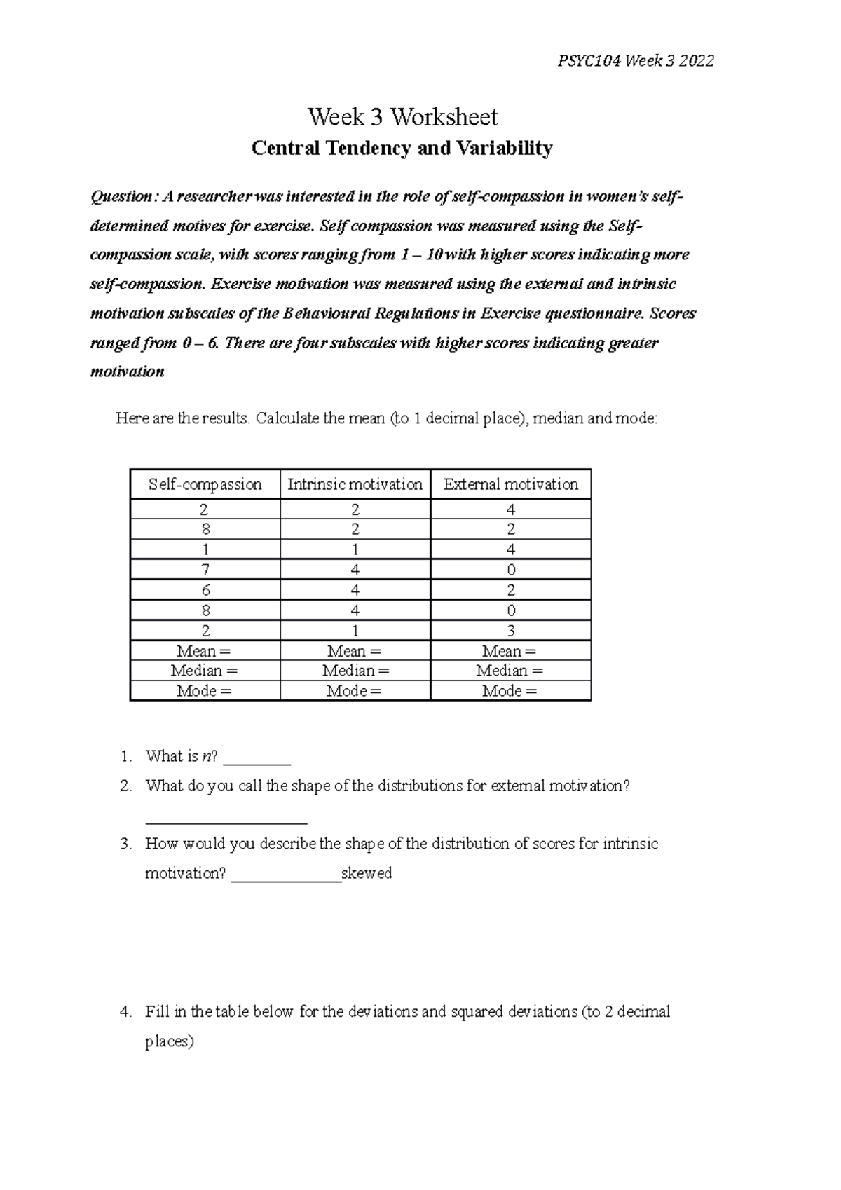 Week 3 extra practice worksheet - PSYC104 Week 3 2022 Week 3 Worksheet ...