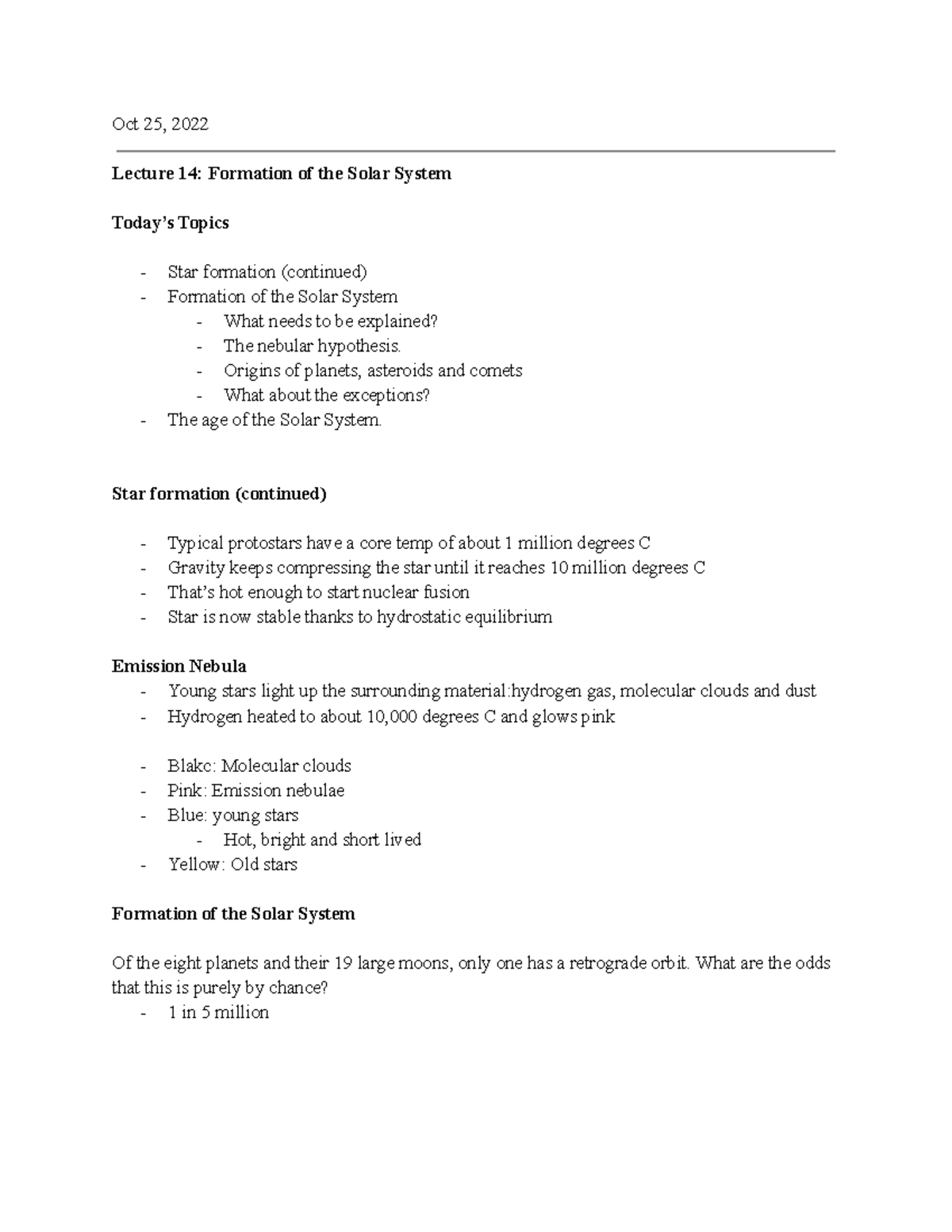 AST101 Week 8 Lecture Notes - Oct 25, 2022 Lecture 14: Formation of the ...
