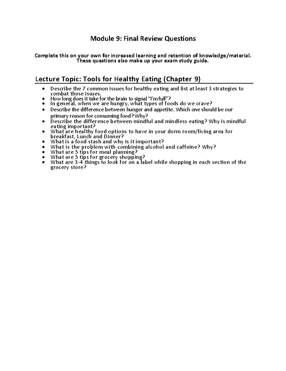 Module 9 Exam Study Guide Tools for Healthy Eating - Module 9: Final ...