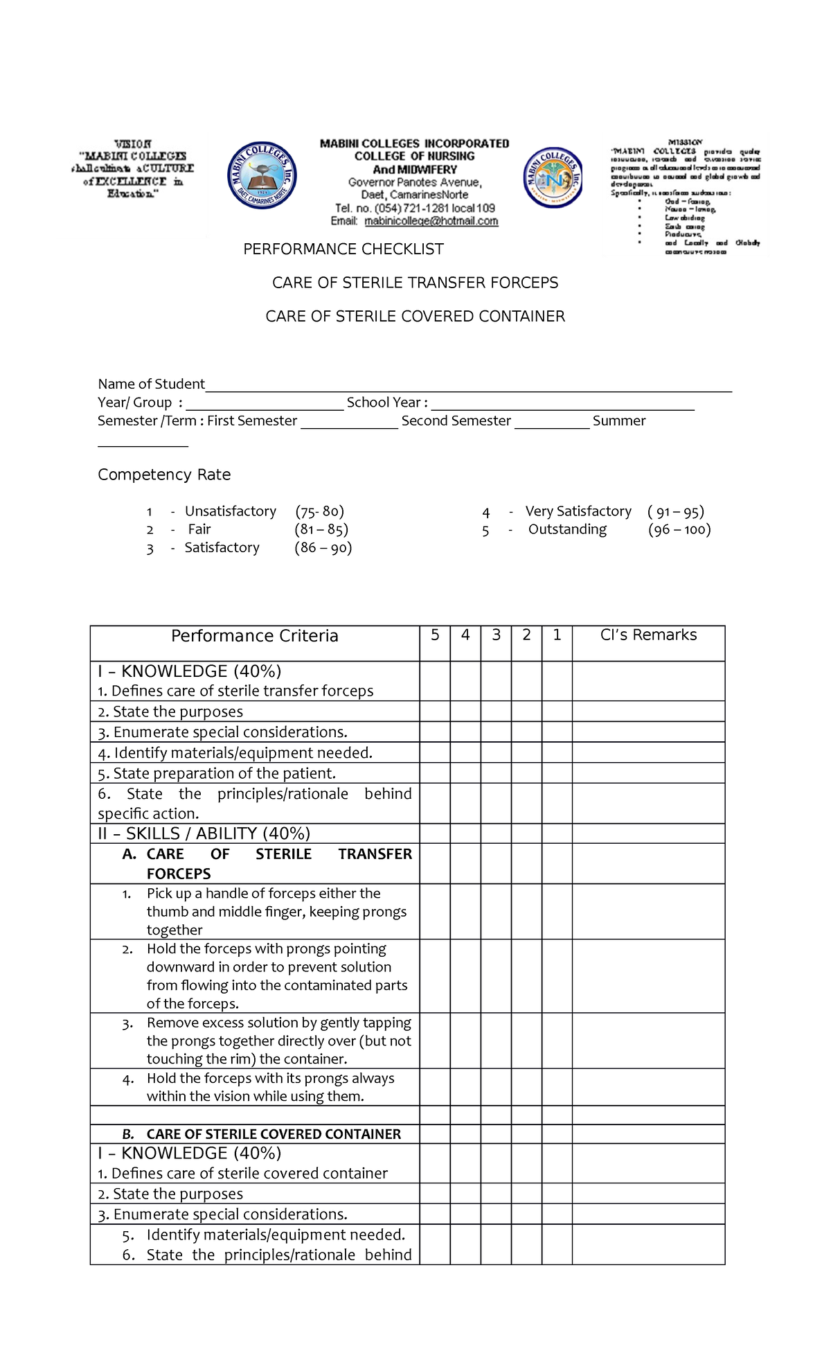 Checklist CARE OF Sterile Transfer Forceps CARE OF Sterile Covered ...