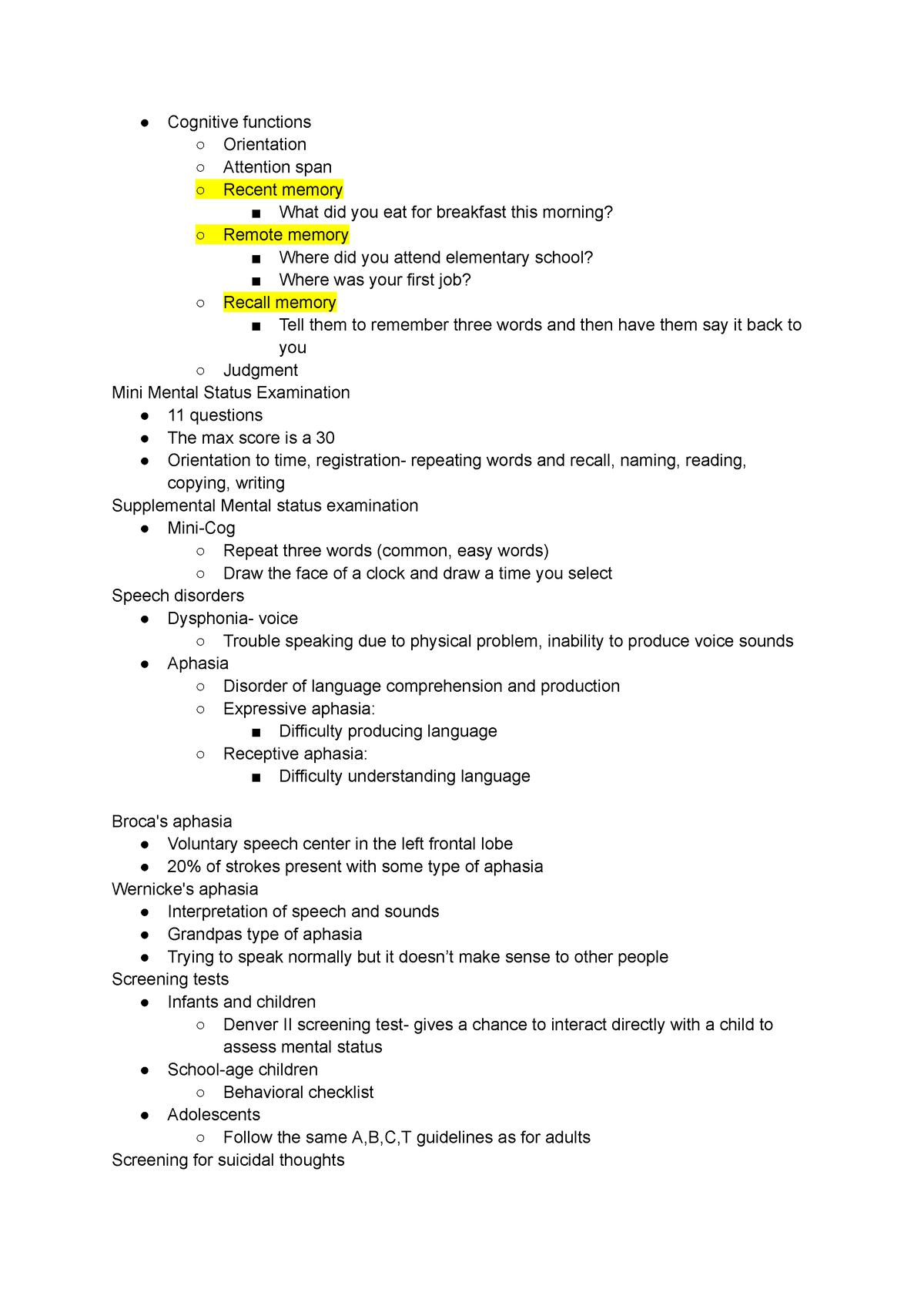 Health Assessment (67) - Cognitive functions Orientation Attention span ...