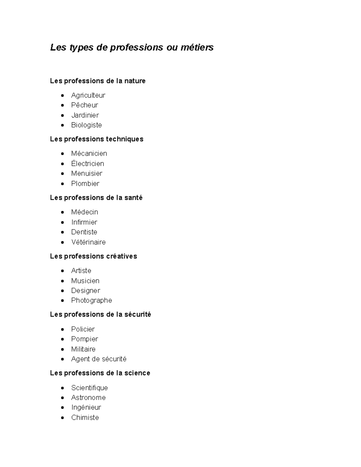 Les types de professions - Studocu
