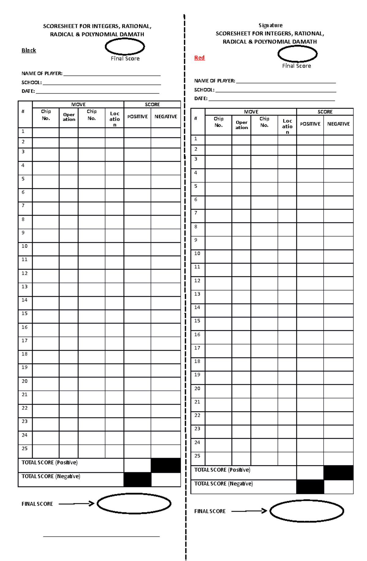 NEW Damath Scoresheet SCORE SCORESHEET FOR INTEGERS RATIONAL