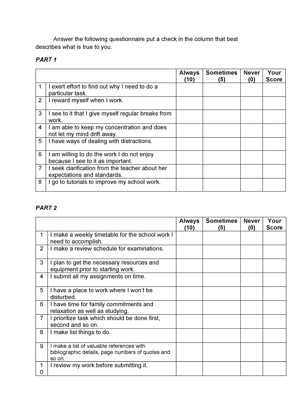 Survey Questionnaire Activity Group 1 - Answer the following ...