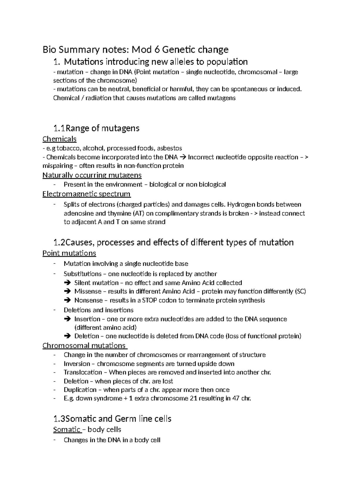 Bio Summary notes - Mutations introducing new alleles to population ...