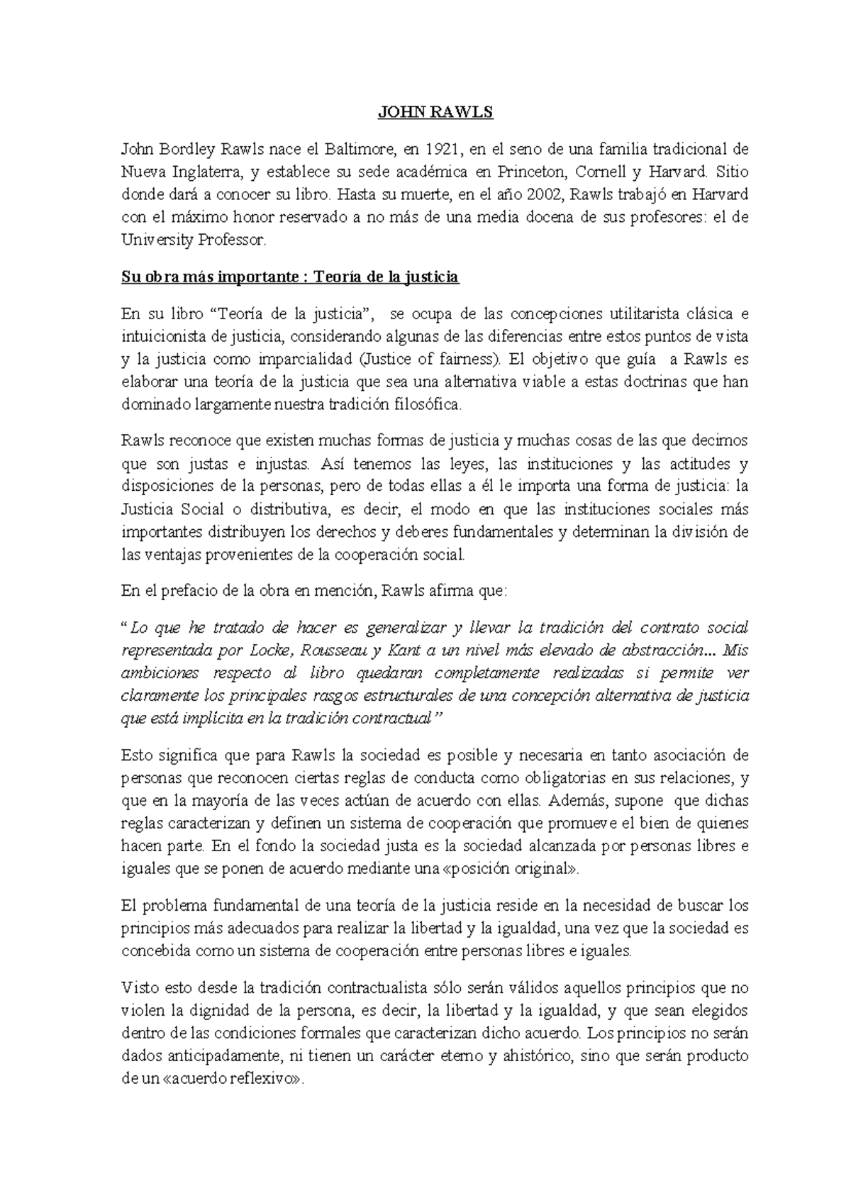 JOHN Rawls - Resumen Teoría de la justicia - JOHN RAWLS John Bordley ...