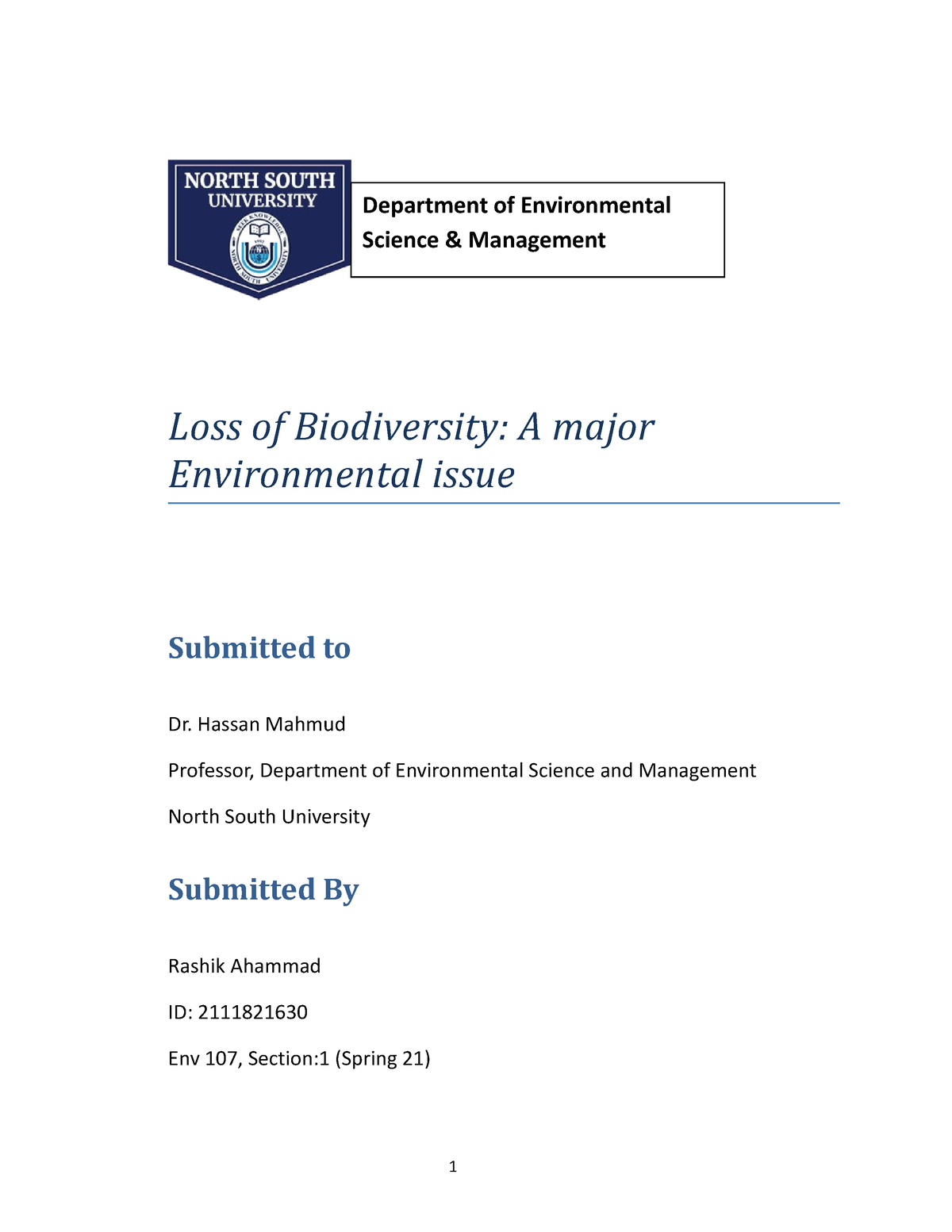 loss of biodiversity assignment