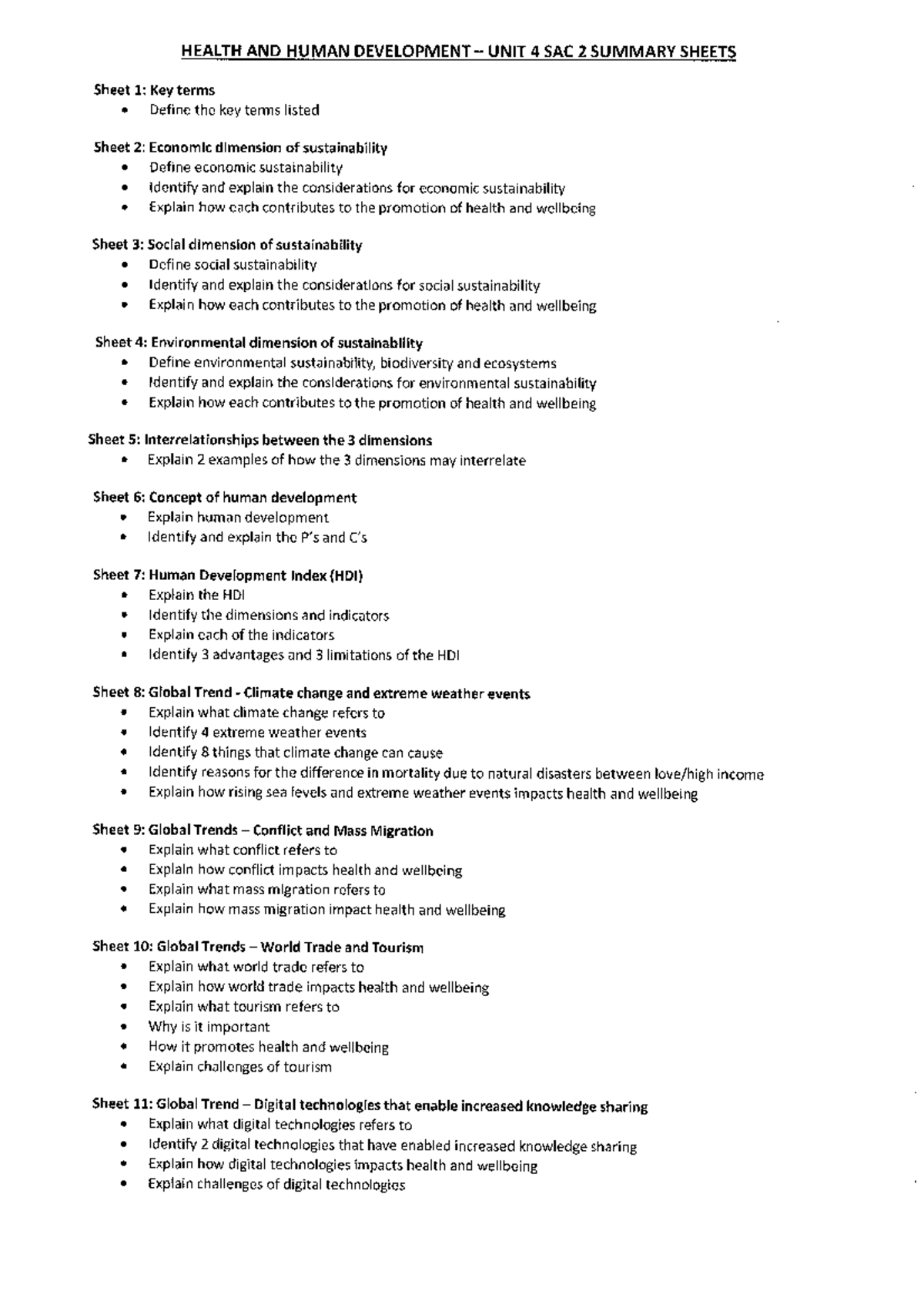 HHD Unit 4 SAC 2 summary sheets - Studocu