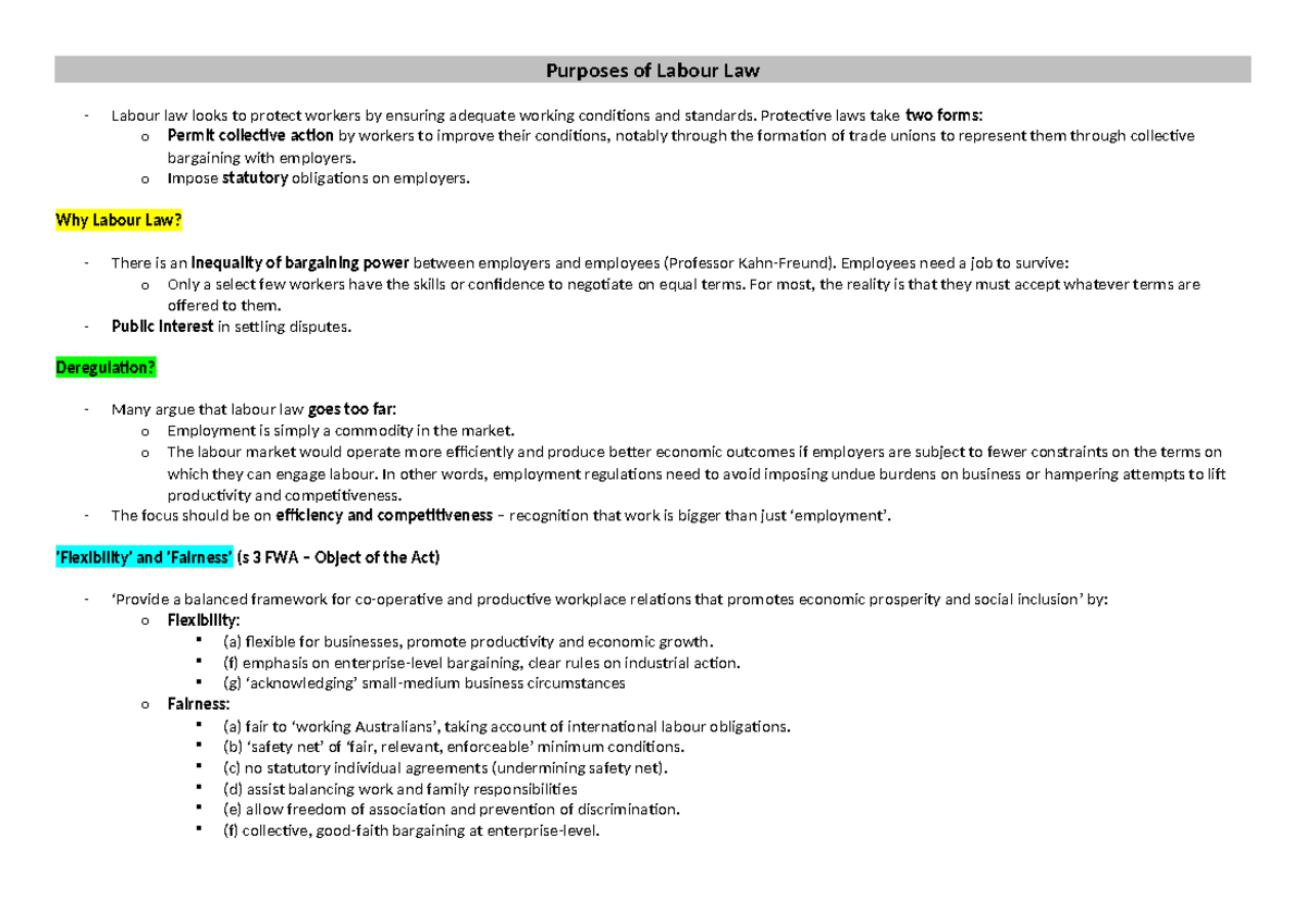 Week 1 Lecture Notes (minus course introduction) Purposes of Labour Law ...