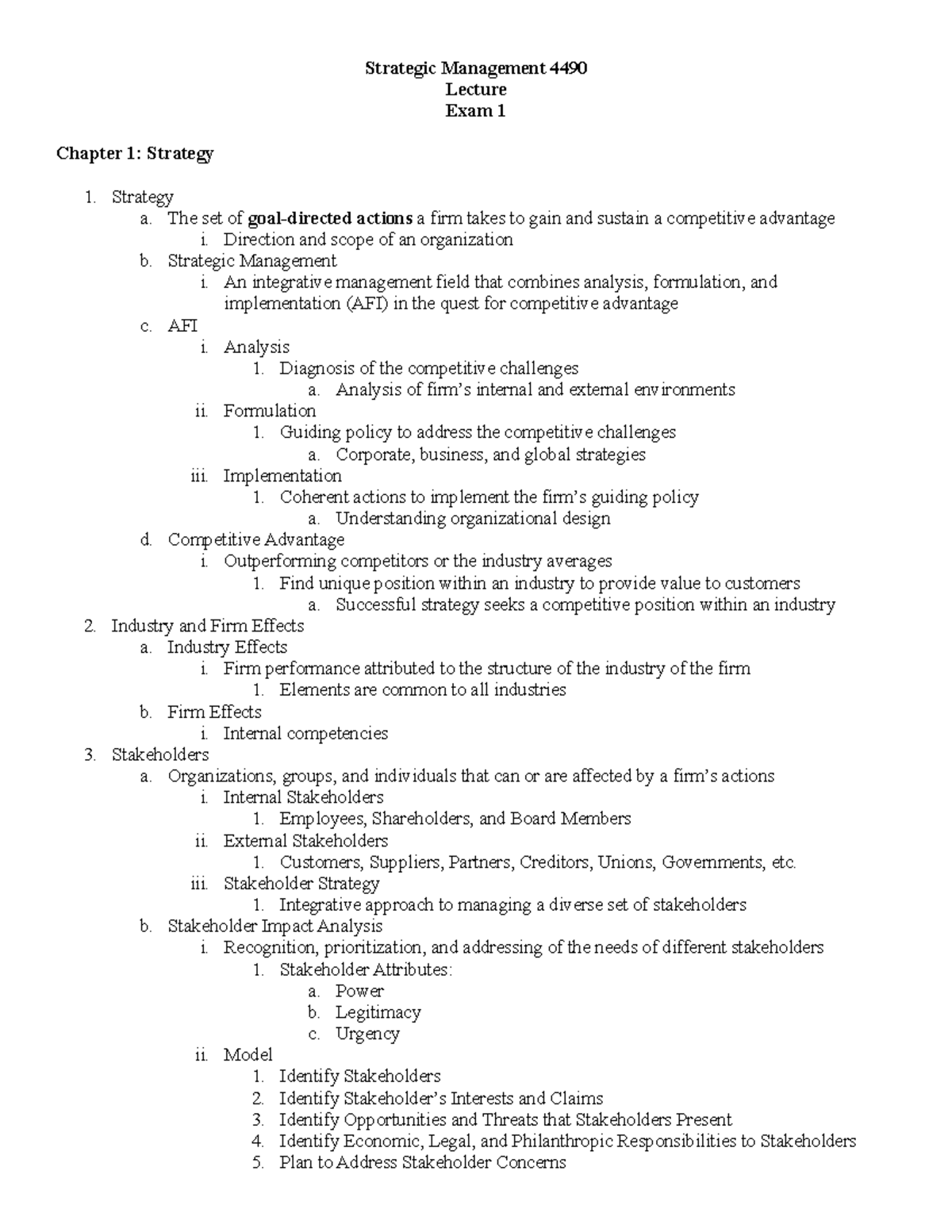 4490 Lecture - Exam 1 - Strategic Management 4490 Lecture Exam 1 ...