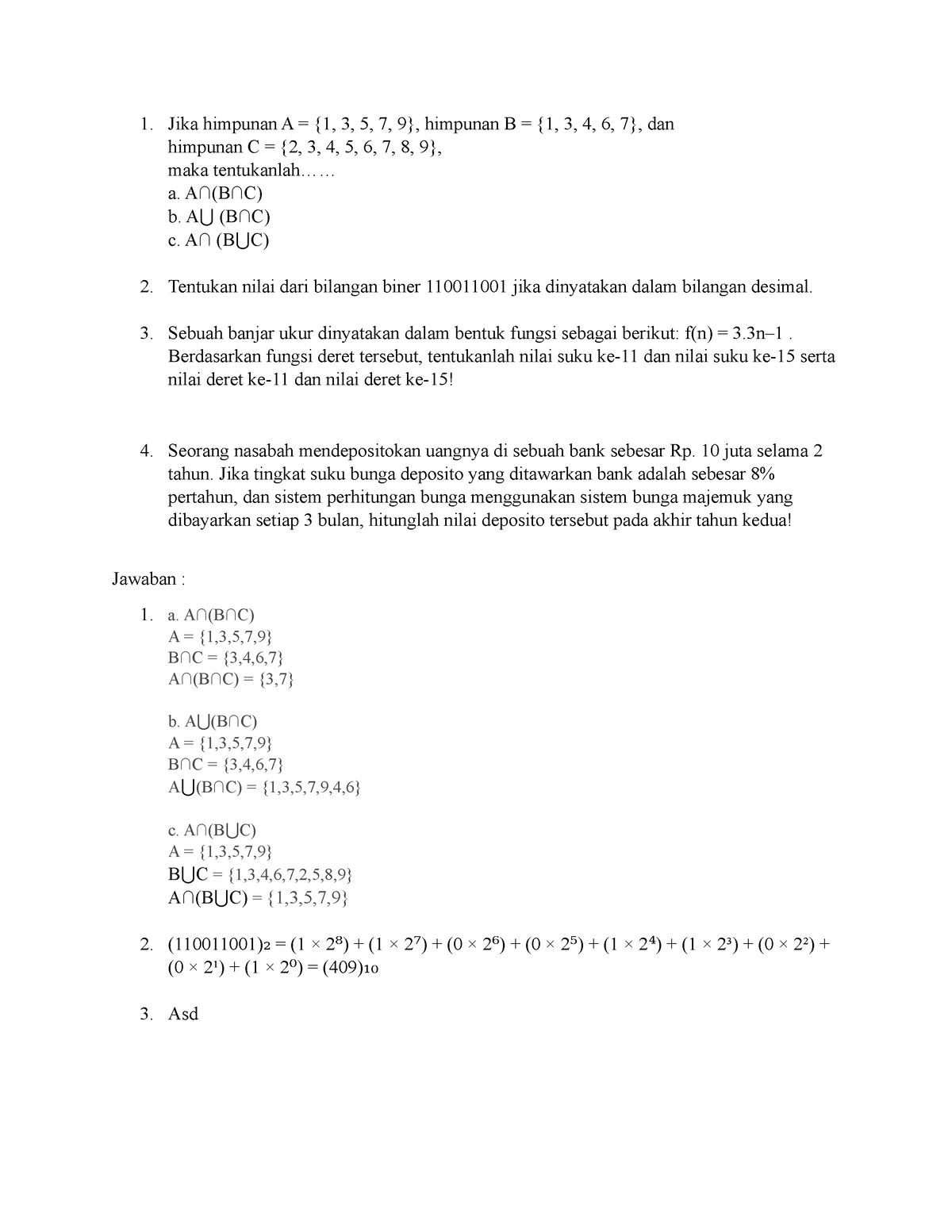 Tugas 1 MTK - Jika Himpunan A = {1, 3, 5, 7, 9}, Himpunan B = {1, 3, 4 ...