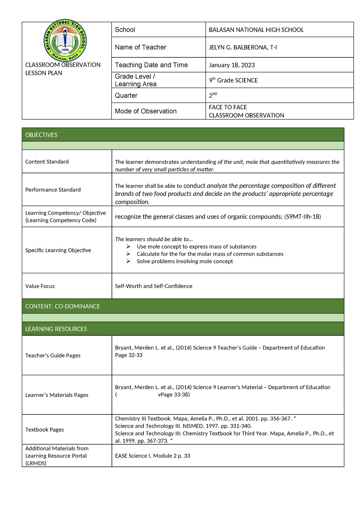 COT Q2 2023-2024 - COT 2023-2024 SECOND QUARTER - CLASSROOM OBSERVATION ...