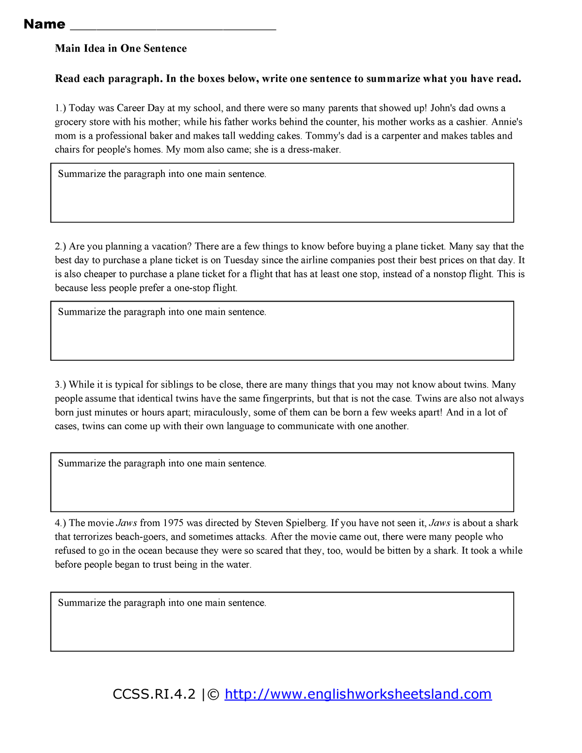 Summarizing worksheet 1 - Main Idea in One Sentence Read each paragraph ...