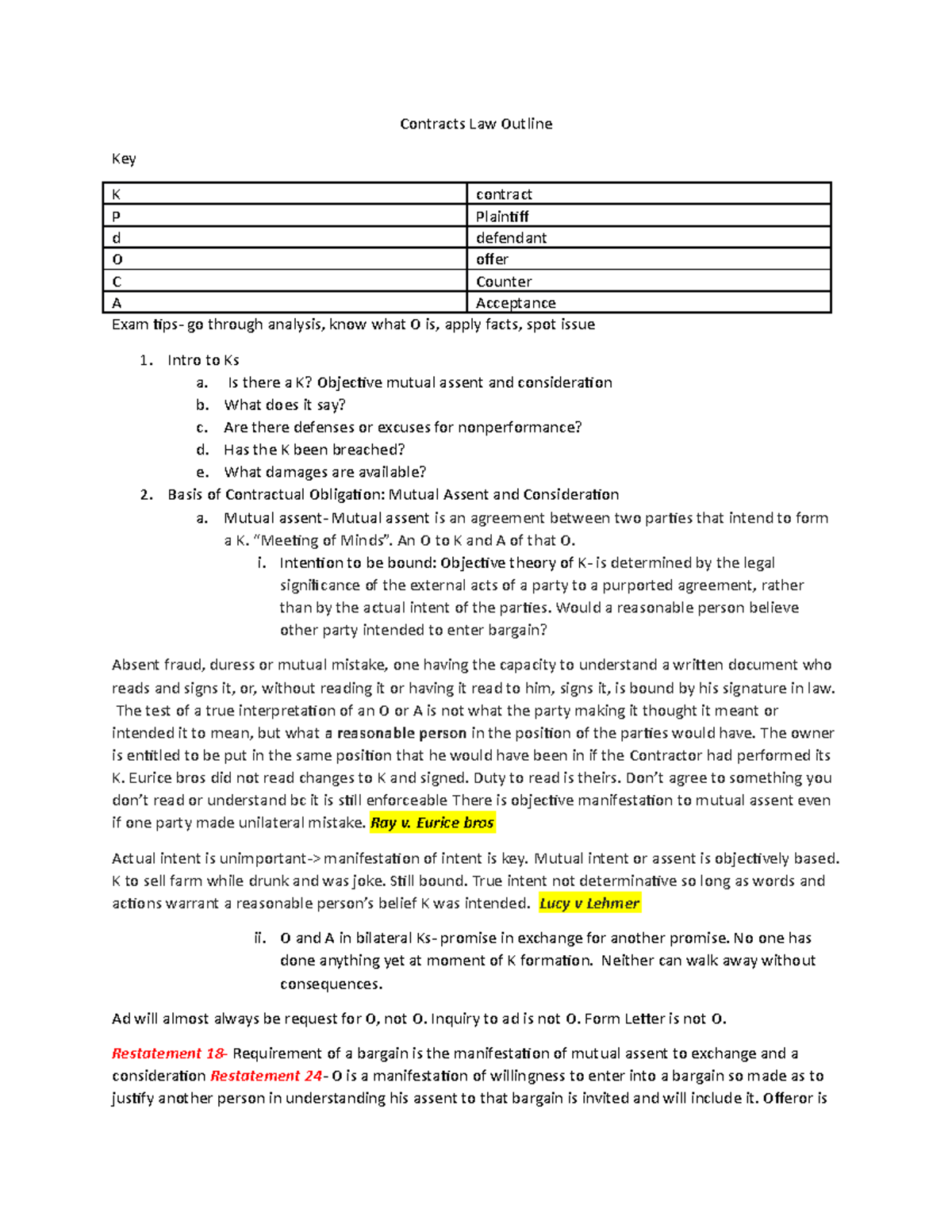 Contracts Law Outline Contracts Law Outline Key K contract P Plaintif