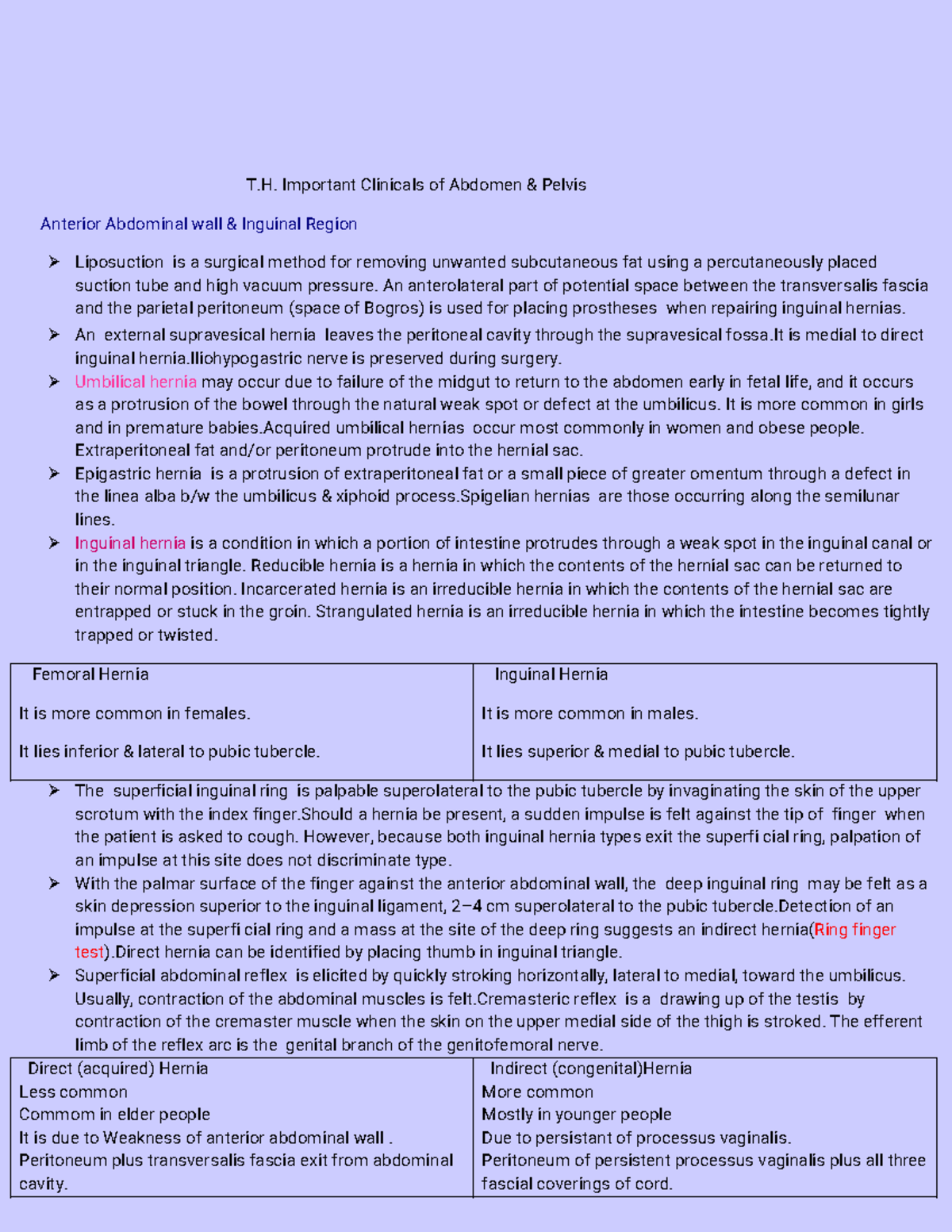 T.H. Important Clinicals of Abdomen & Pelvis - T.H&Pelvis - Studocu