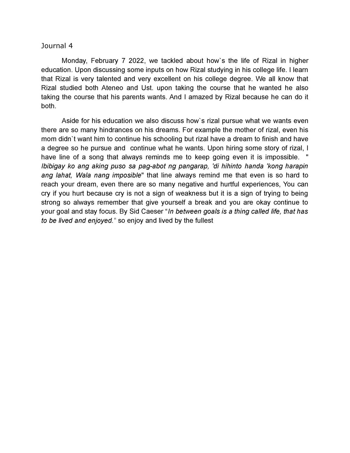 Journal 4. GE9.docx - Journal 4 Monday, February 7 2022, we tackled ...