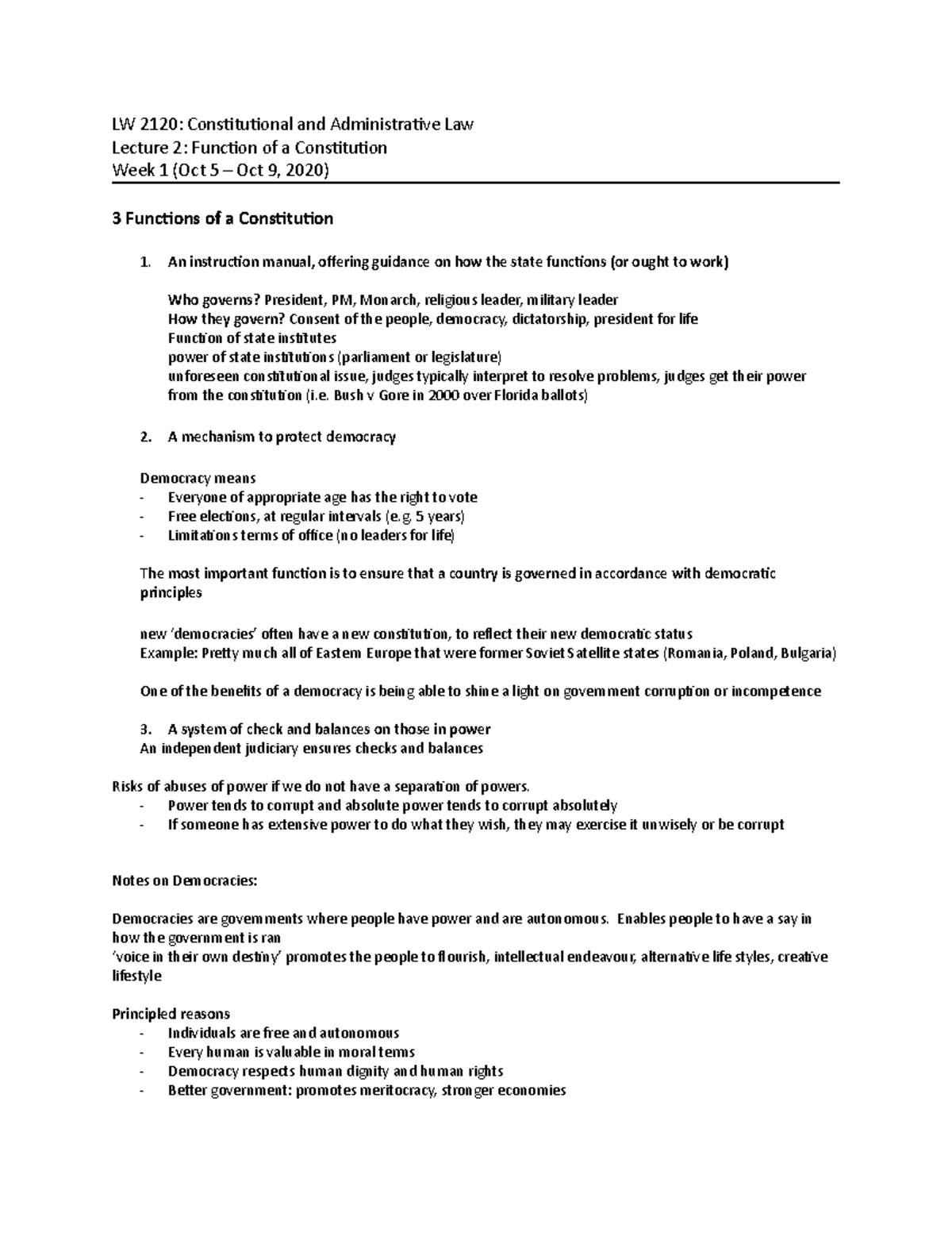 Lecture 2 Notes - LW 2120: Constitutional and Administrative Law ...