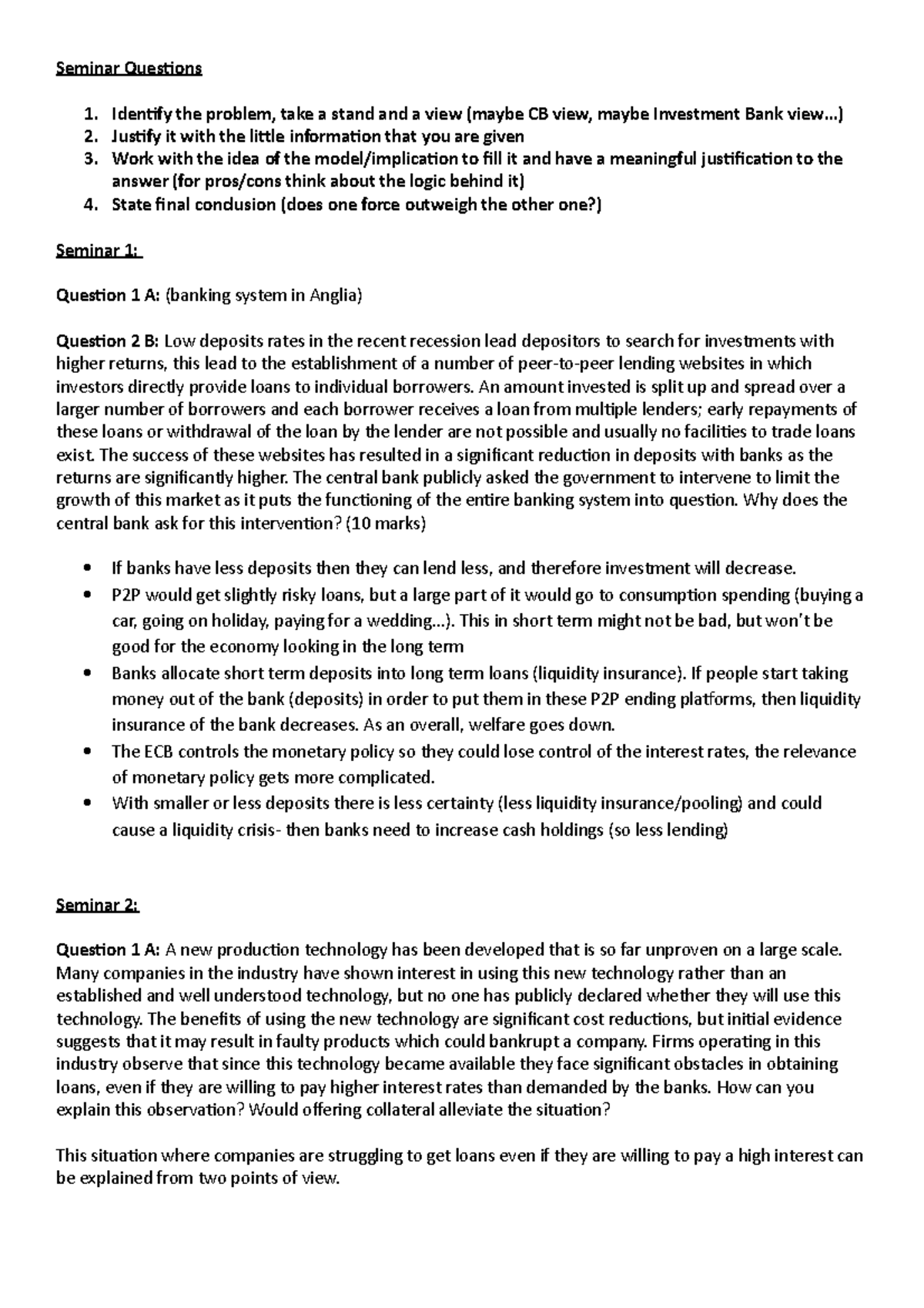 Econ of banking seminar questions - Seminar Questions 1. Identify the ...