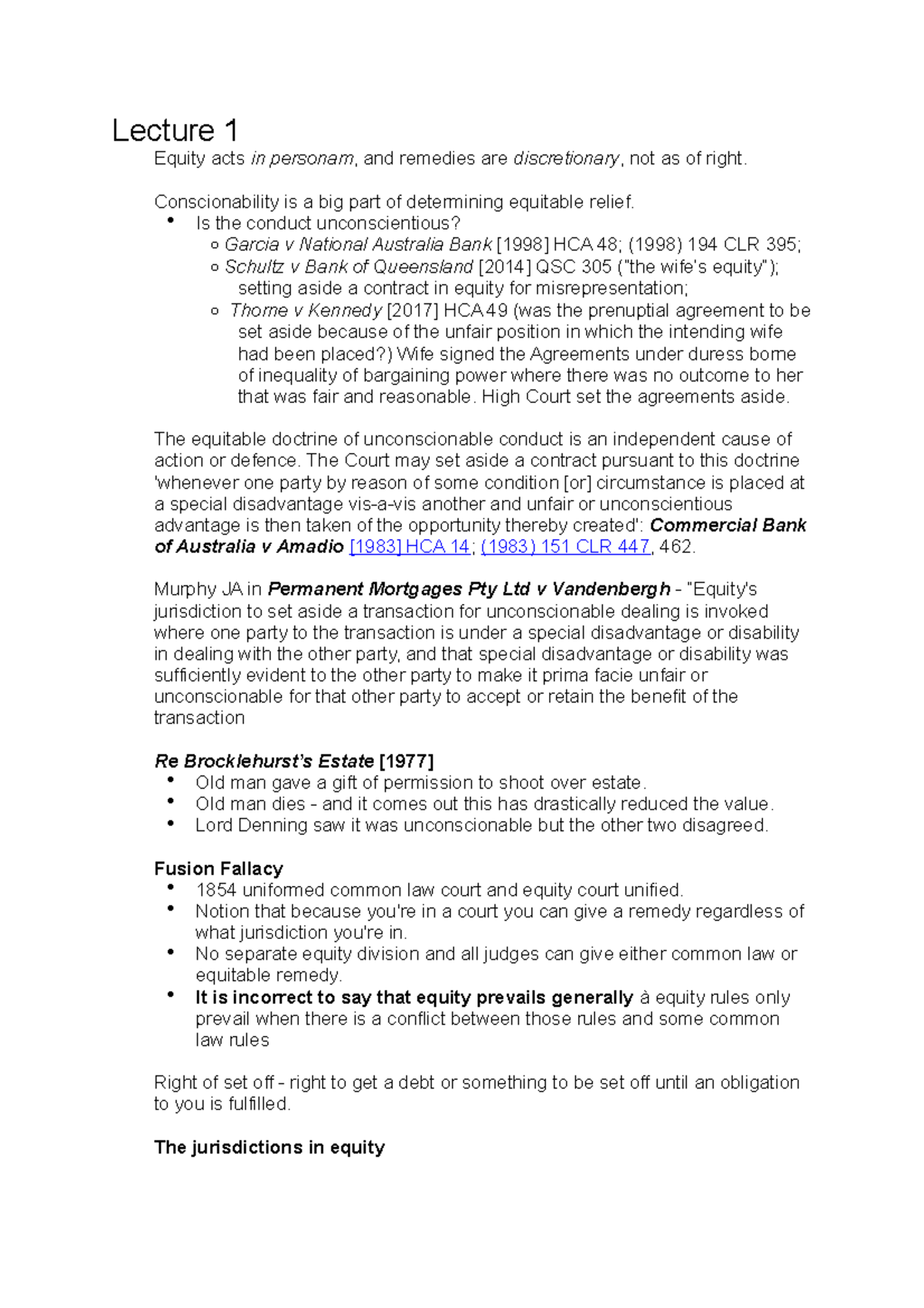 Trusts A Exam Notes - Lecture 1 Equity acts in personam, and remedies ...