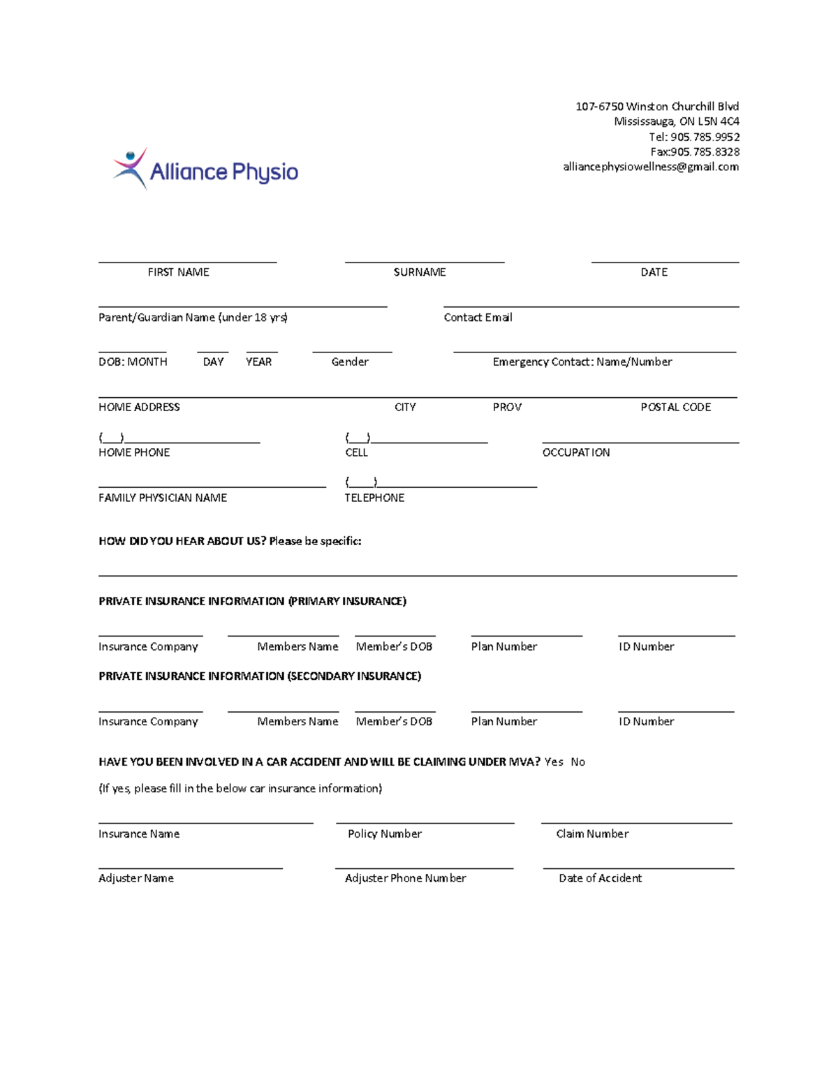 Alliance Physio form - note sure - 107 - 6750 Winston Churchill Blvd ...