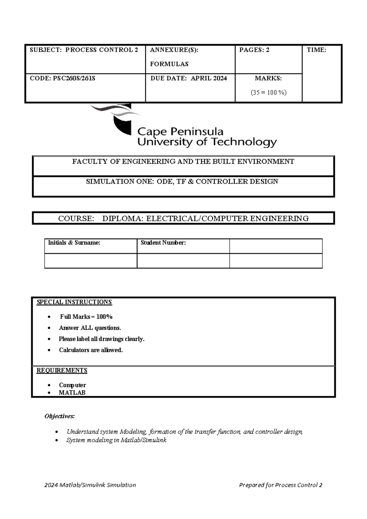 Simulink LAB 1 - 2024 Matlab/Simulink Simulation Prepared for Process ...