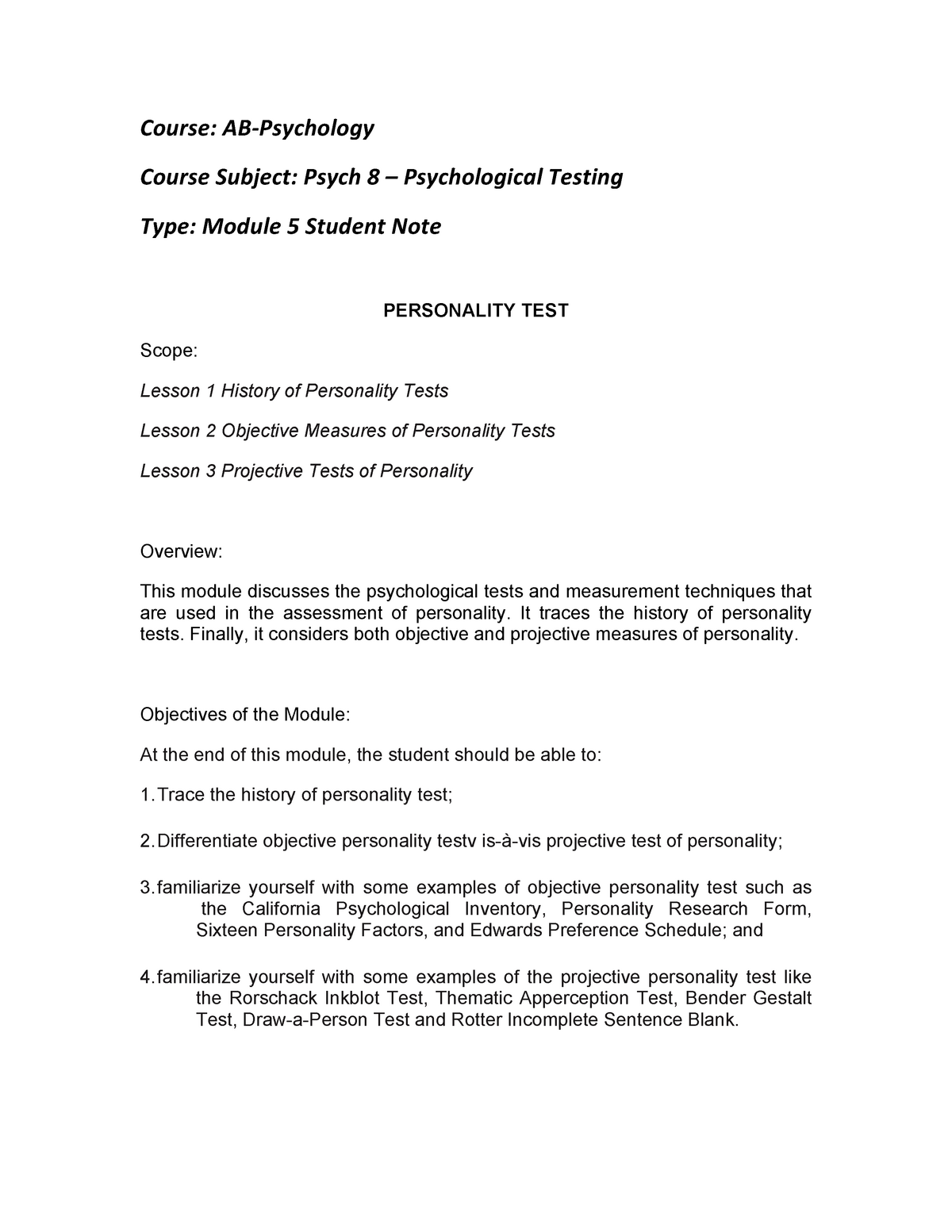 Psy 8 Psychological Testing - Module 5 Personality Test - Course: AB ...