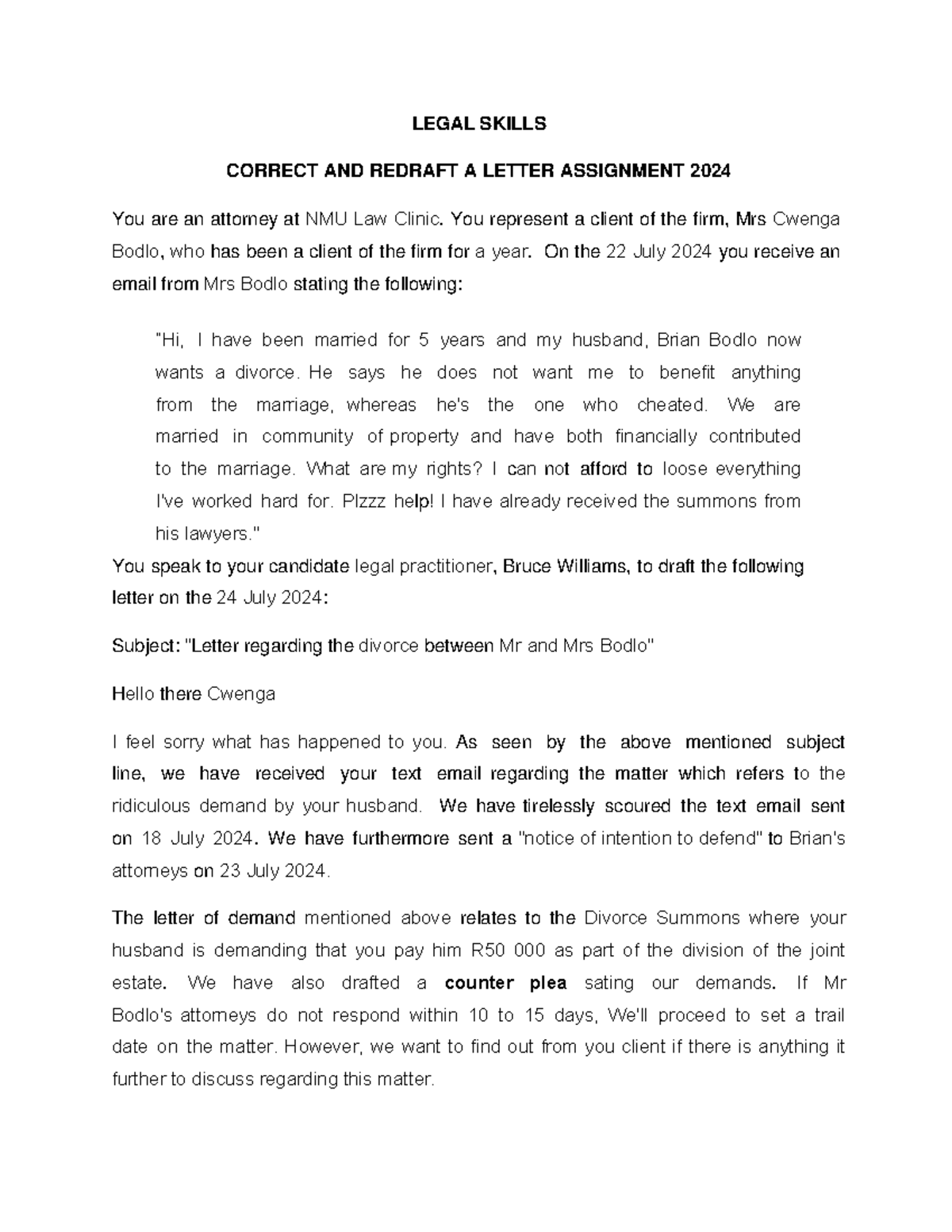 Correct and redraft a letter assignment 2024 - LEGAL SKILLS CORRECT AND ...