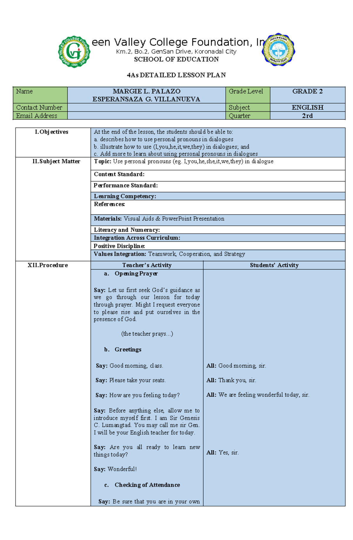 Sample English 4as Detailed Lesson Plan Teachers Copy Green Valley College Foundation Inc Km 7681