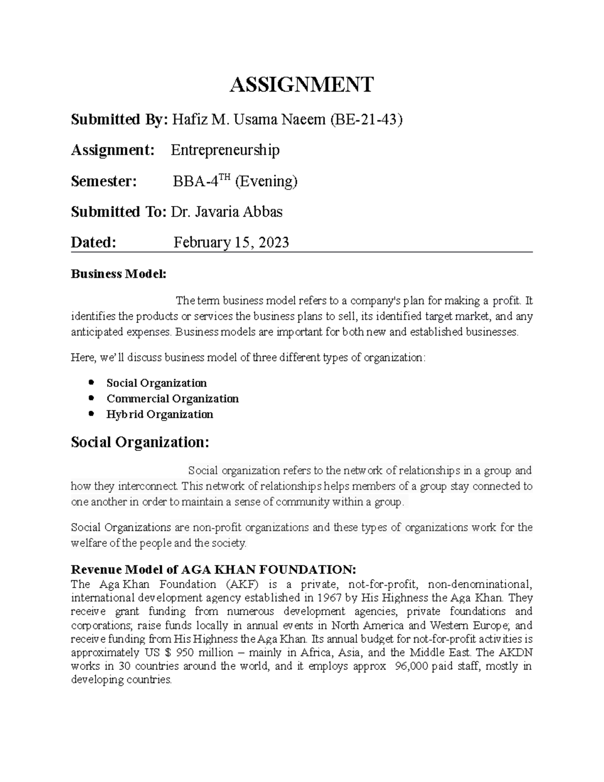 Assignment Dr. Javaria-1 - ASSIGNMENT Submitted By: Hafiz M. Usama ...