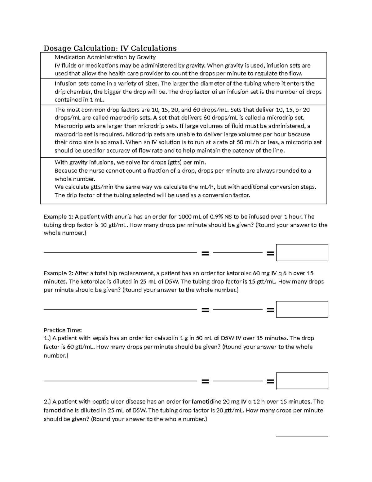 IV Calculations Lecture Notes - Unit 2b Revised - Dosage Calculation ...