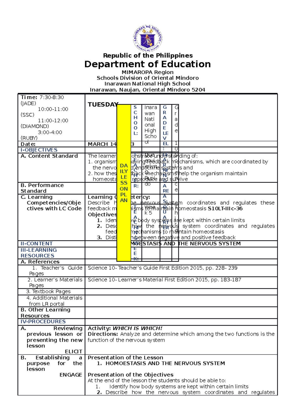 March 13 Lesson Plan Republic Of The Philippines Department Of Education Mimaropa Region 7011