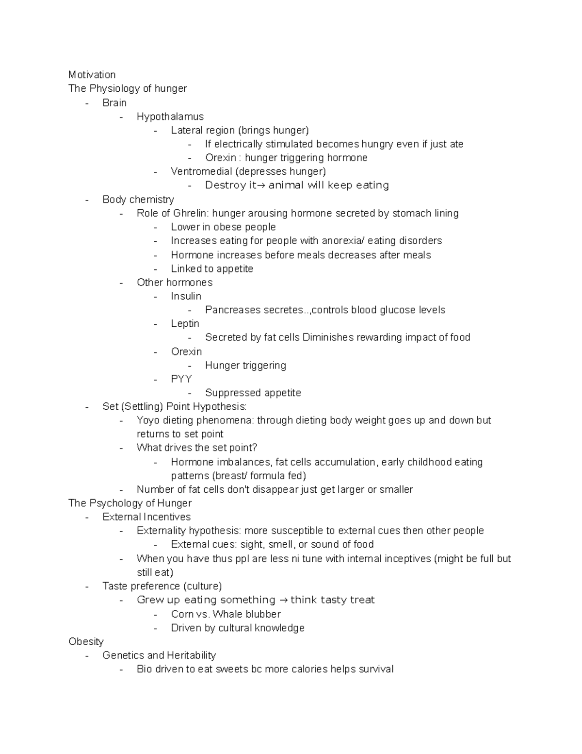 Lecture notes Motivation - Motivation The Physiology of hunger - Brain ...