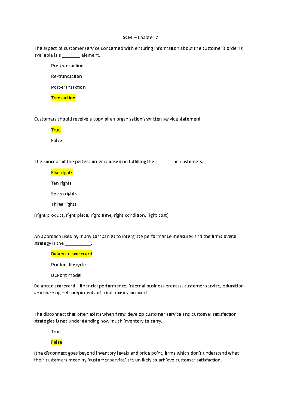 Chapter 2 sample MCQ MCQ SCM Chapter 2 The aspect of customer